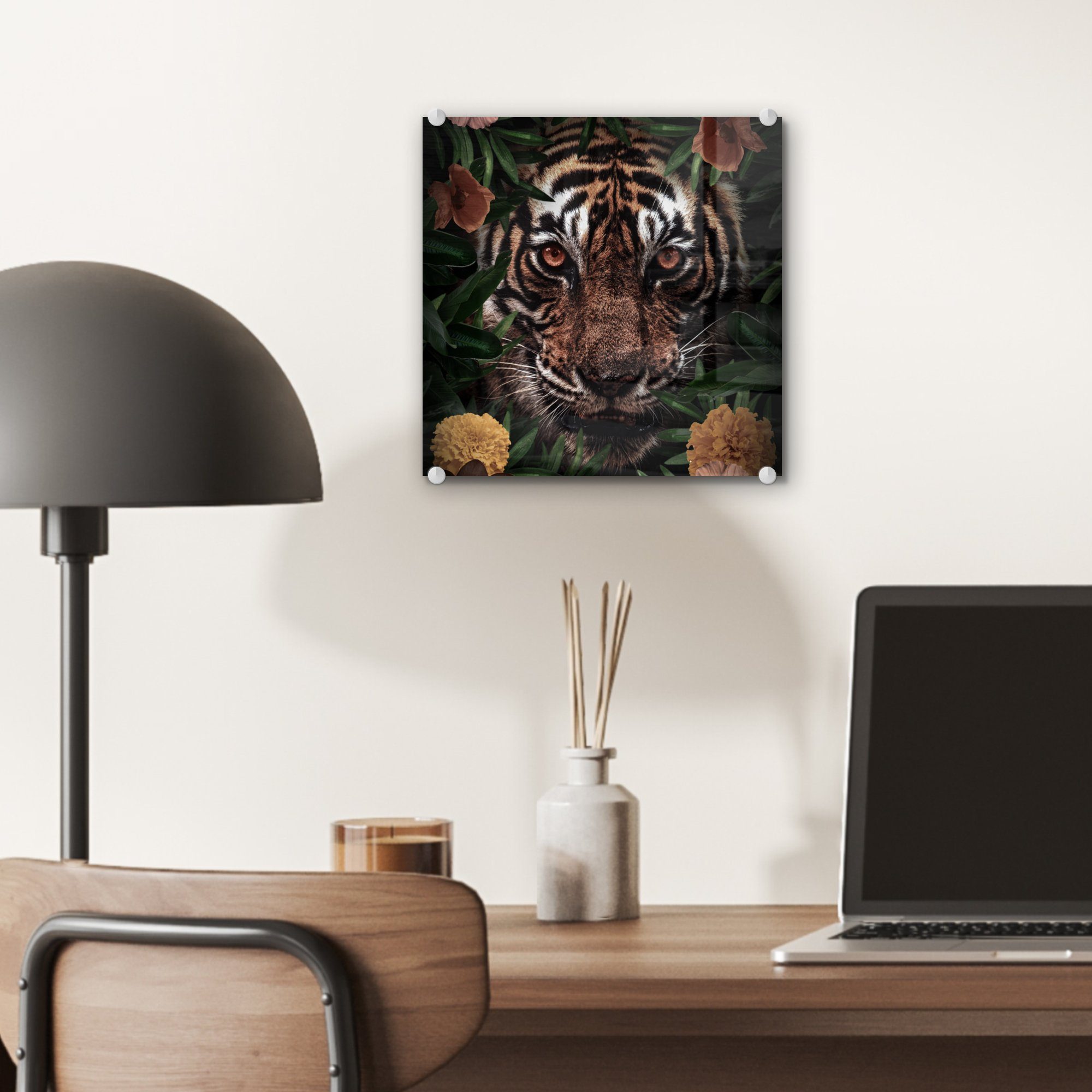 Glas MuchoWow Wandbild Foto Wanddekoration Dschungel Tiger Bilder - (1 St), - Glasbilder auf - Acrylglasbild - Blumen, - auf Glas