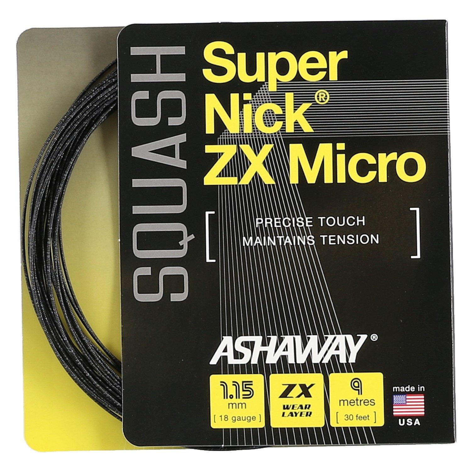 Ashaway Squashsaite Super Nick ZX Micro 1.15 schwarz 9m Set, Saitendicke: 1.15