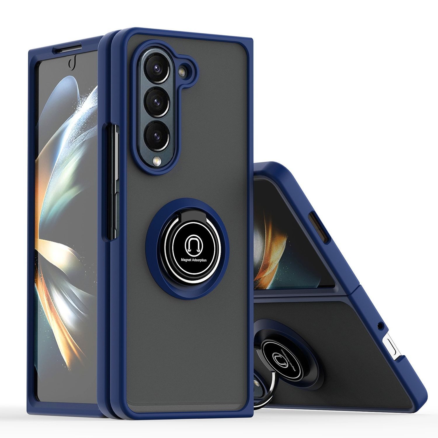 Wigento Handyhülle Für Samsung Galaxy Z Fold6 Shadow Design TPU PC Hülle Ring Dunkelblau, Ring Halterung Schutzhülle