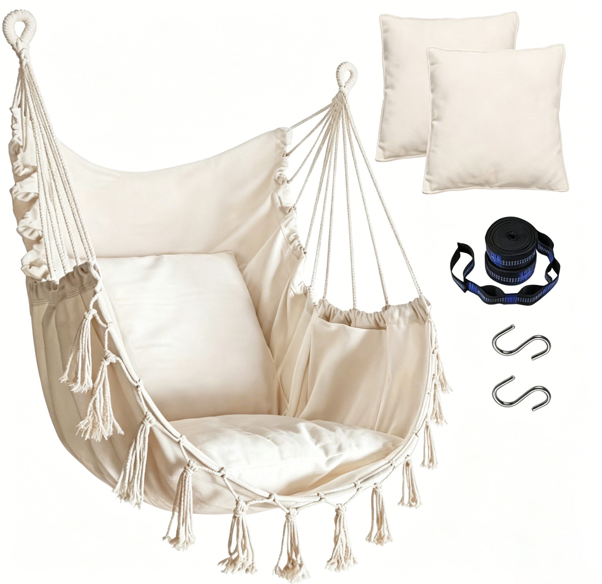 BlingBin Hängesessel Hängestuhl mit 2 Kissen, Seitentasche & S-Haken – Hängemattenstuhl (1 Stück, 1-St., Hängematte Indoor & Outdoor 100*130cm), Übergroßer Schaukelstuhl für Wohn- Schlafzimmer Garten Terrasse
