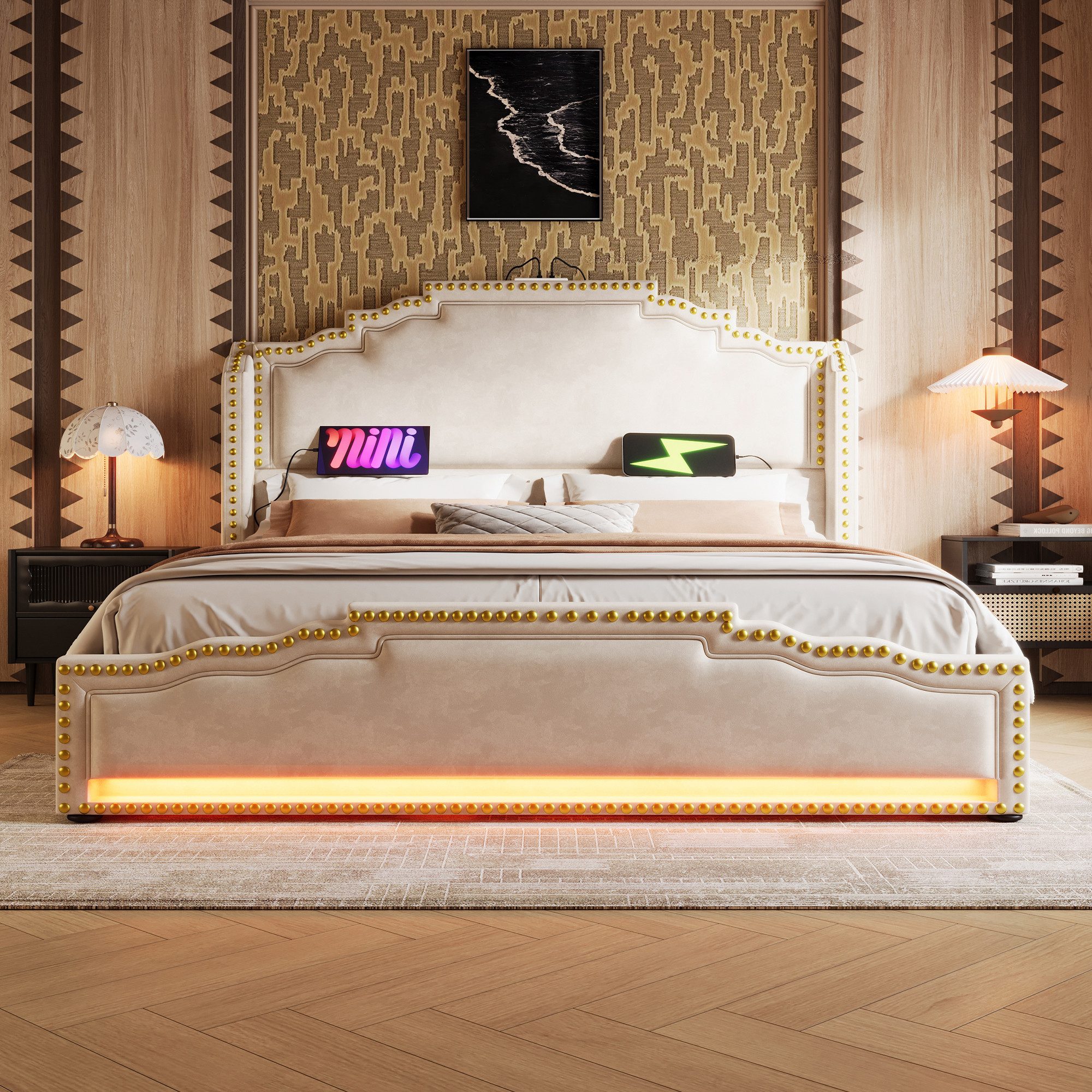 Flieks Polsterbett, Doppelbett 140x200cm mit LED-Beleuchtung 4 Schubladen und USB-Aufladen