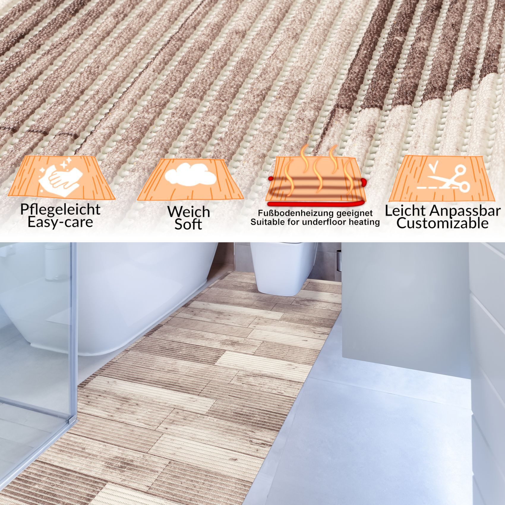 ANRO Schaum-Badematte Antirutschmatte Weichschaummatte Badezimmer Premium, Höhe 5 mm, wasserdurchlässig, pflegeleicht, Rillen, rutschhemmend, Drainage Effekt, strapazierfähig, schnell trocknend, Praktisch, Weich, Rutschhemmend, mit Drainagelöchern, fußbodenheizungsgeeignet, PVC, Eckig, Badteppich Weichschaum 100x65cm Holz Braun