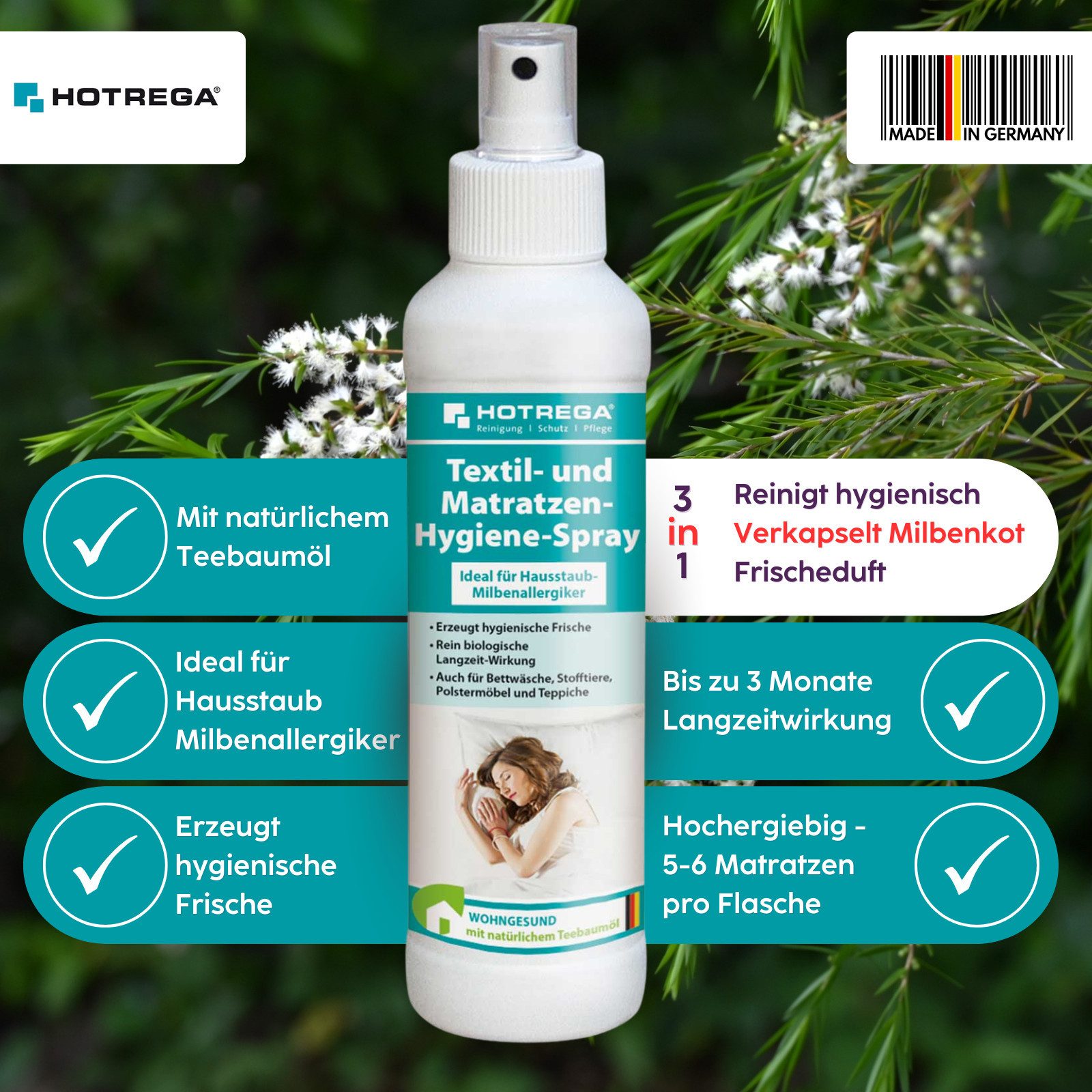 HOTREGA® Textil Matratzenhygiene Spray entfernt Hausstaub Milbenallergene 250ml Universalreiniger
