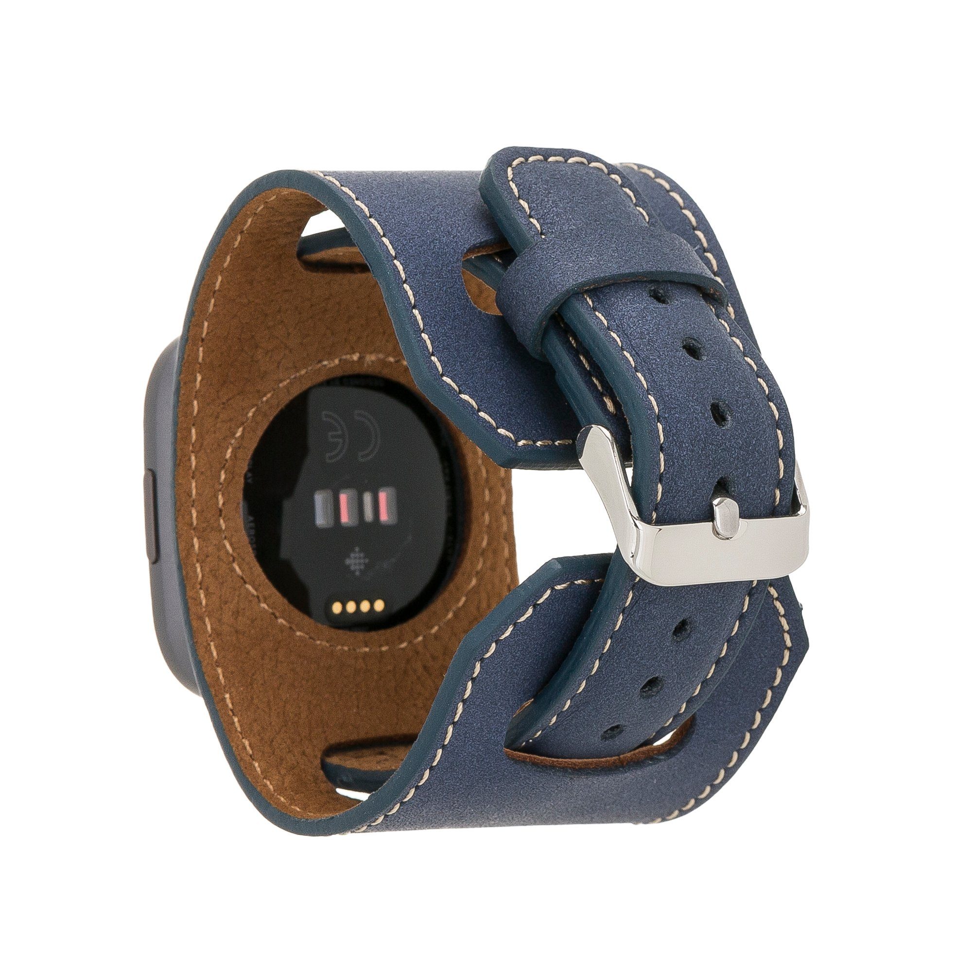 Renna Leather Smartwatch-Armband Fitbit Versa 4 / 3 / Sense & 2 Armband Echtes Leder Ersatzarmband Cuff Blau Matt