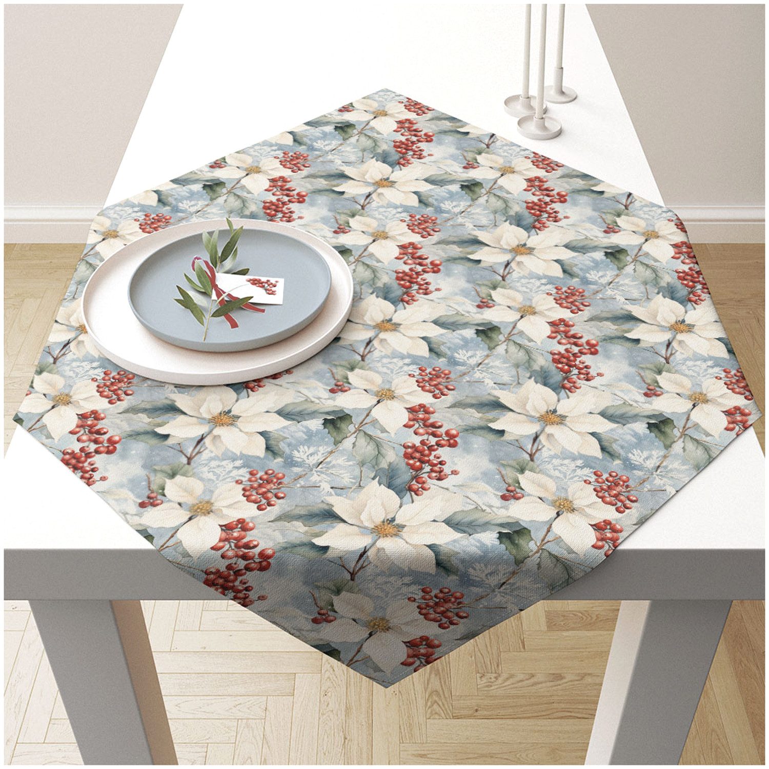 Ambiente® Tischläufer Winter poinsettia (1-tlg, 1-teilig), quadratische Tischdecke Mitteldecke ca.90x90cm Baumwolle