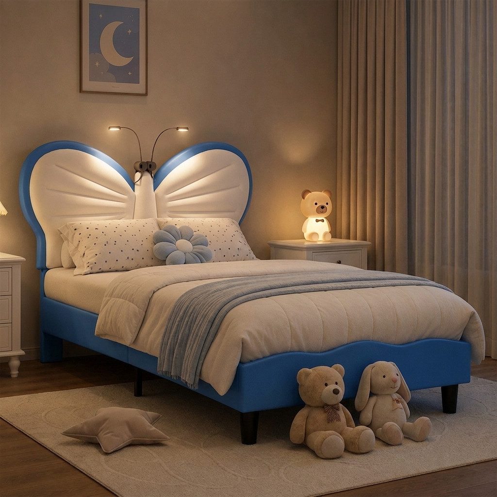 PXloue Polsterbett LED Beleuchtung Kinderbett Einzelbett Schleife am Kopfteil 90x200cm, Leselampe, Lattenrost, Samt, 90x200cm