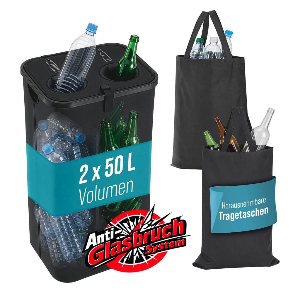 EASYmaxx Flaschensammler 2in1 Glas- & Pfandflaschen-Sammelbehälter 100 L für Altglas & Leergut, Flaschensammler mit einfacher Montage für Küche, Abstellraum und Co.