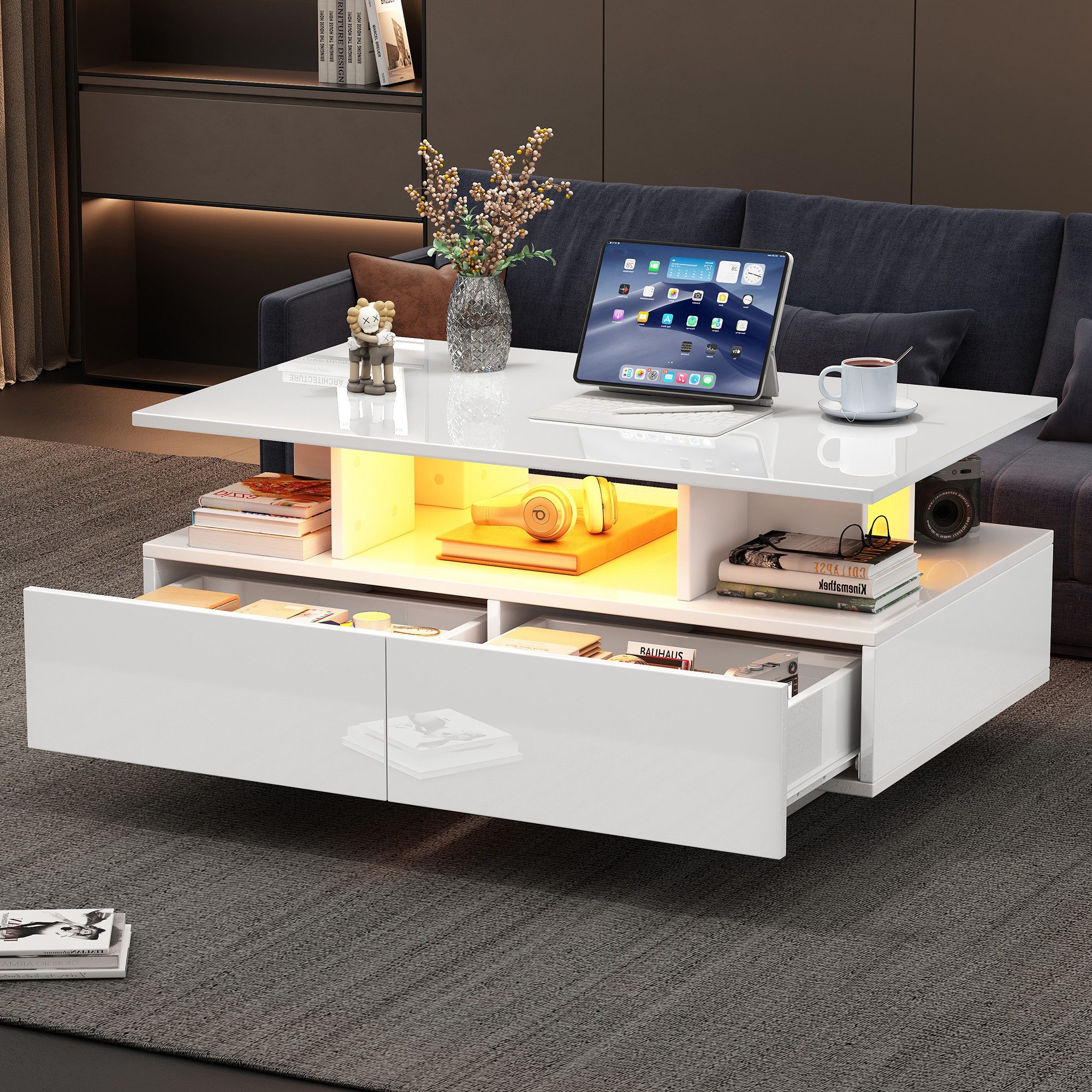 OKWISH Couchtisch hochglanz Sofatisch mit LED-Beleuchtung günstig online kaufen