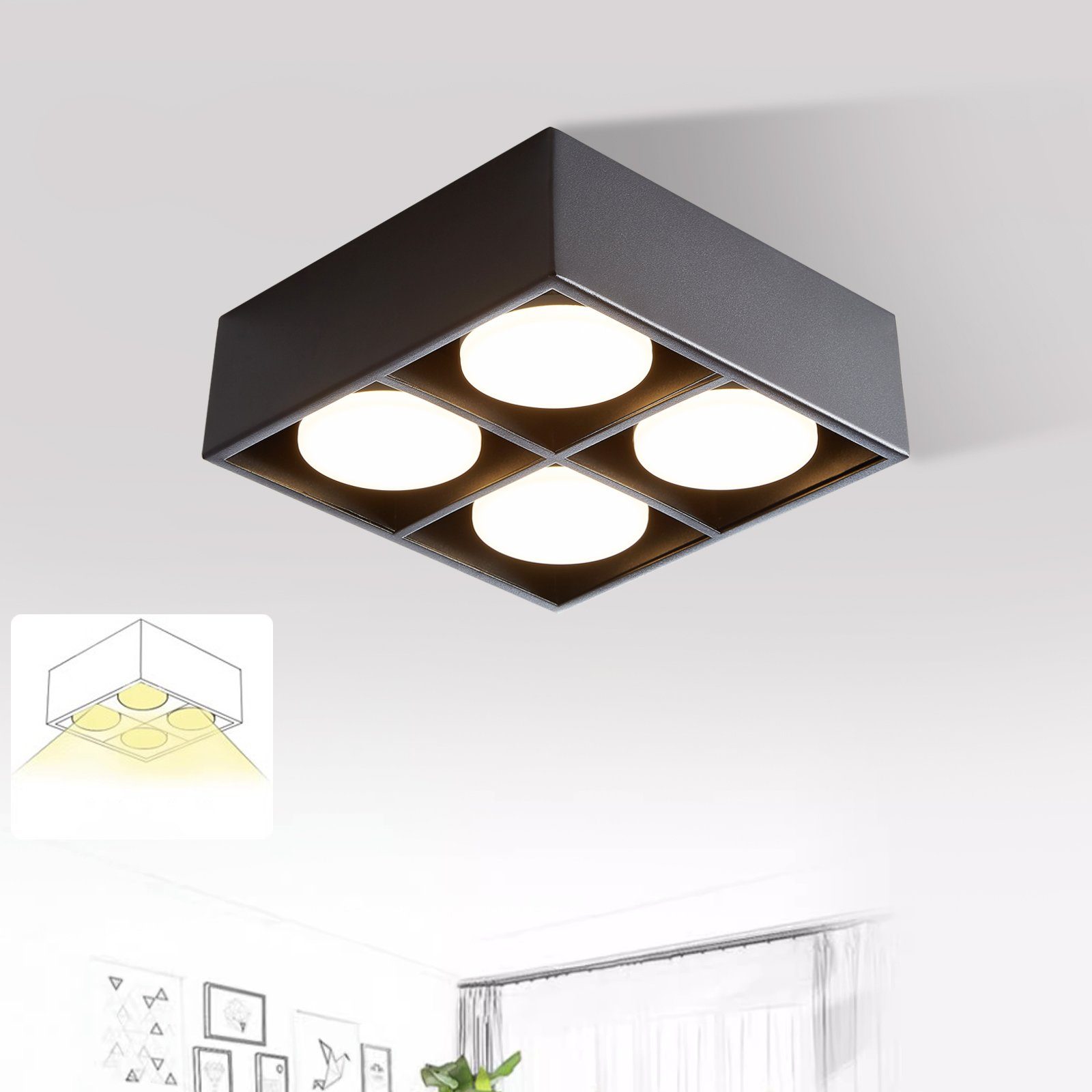 ZMH LED Deckenstrahler Deckenleuchte Aufputz mit 4 Flammig Schwenkbar  Aufbaustrahler, LED fest integriert, 3000k, 20W für Wohnzimmer Esszimmer  Büro Küche Flur, Schwarz | Deckenlampen