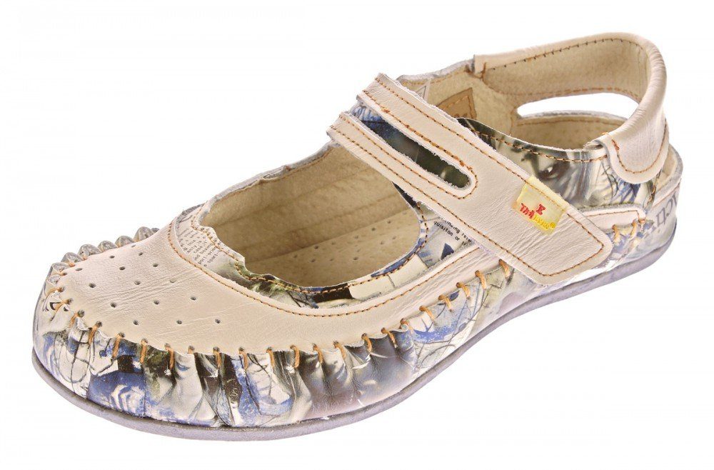 TMA Damen Leder Ballerinas Schuhe Sandalen TMA 5068 Sandale Used Look, Zeitungsdruck, Muster variieren