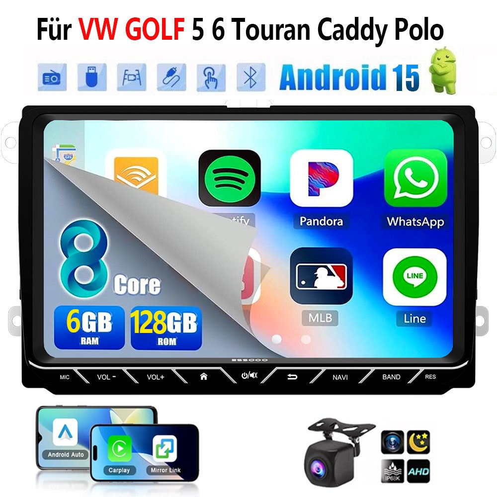 ESSGOO DAB+ Android15 6+128G Carplay GPS 4G Für VW GOLF 5 6 Touran Caddy Polo Autoradio (6GB+128GB, RDS, 4G LTE, FM, AM, DAB+ (optional), Carplay Android Auto Bluetooth EQ USB GPS Navi WIFI Touchscreen)