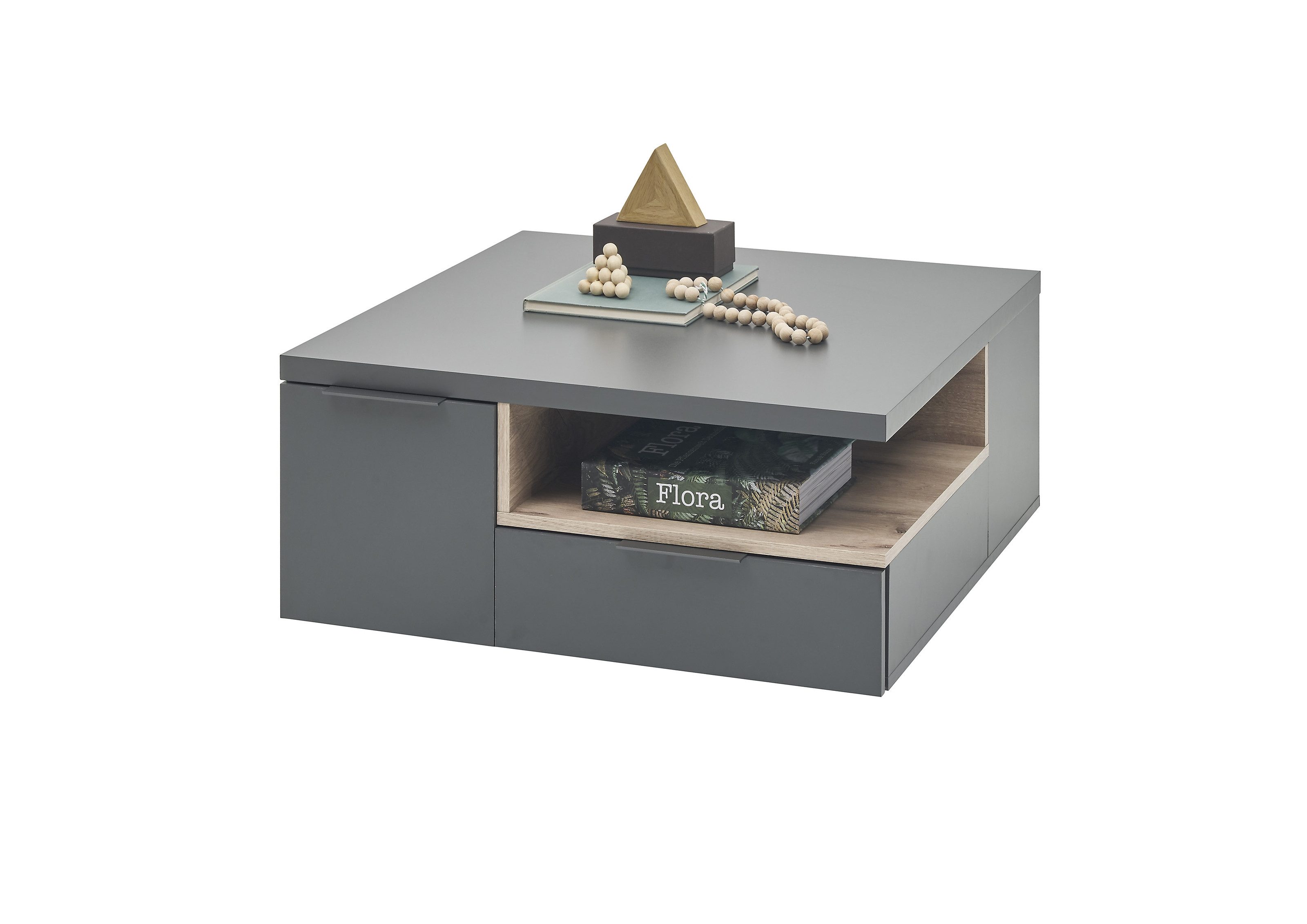 PREISBRECHER Couchtisch Enna, 2 Schübe, dunkelgrau, Rima Oak, Span - 80x35x80cm (BxHxT)