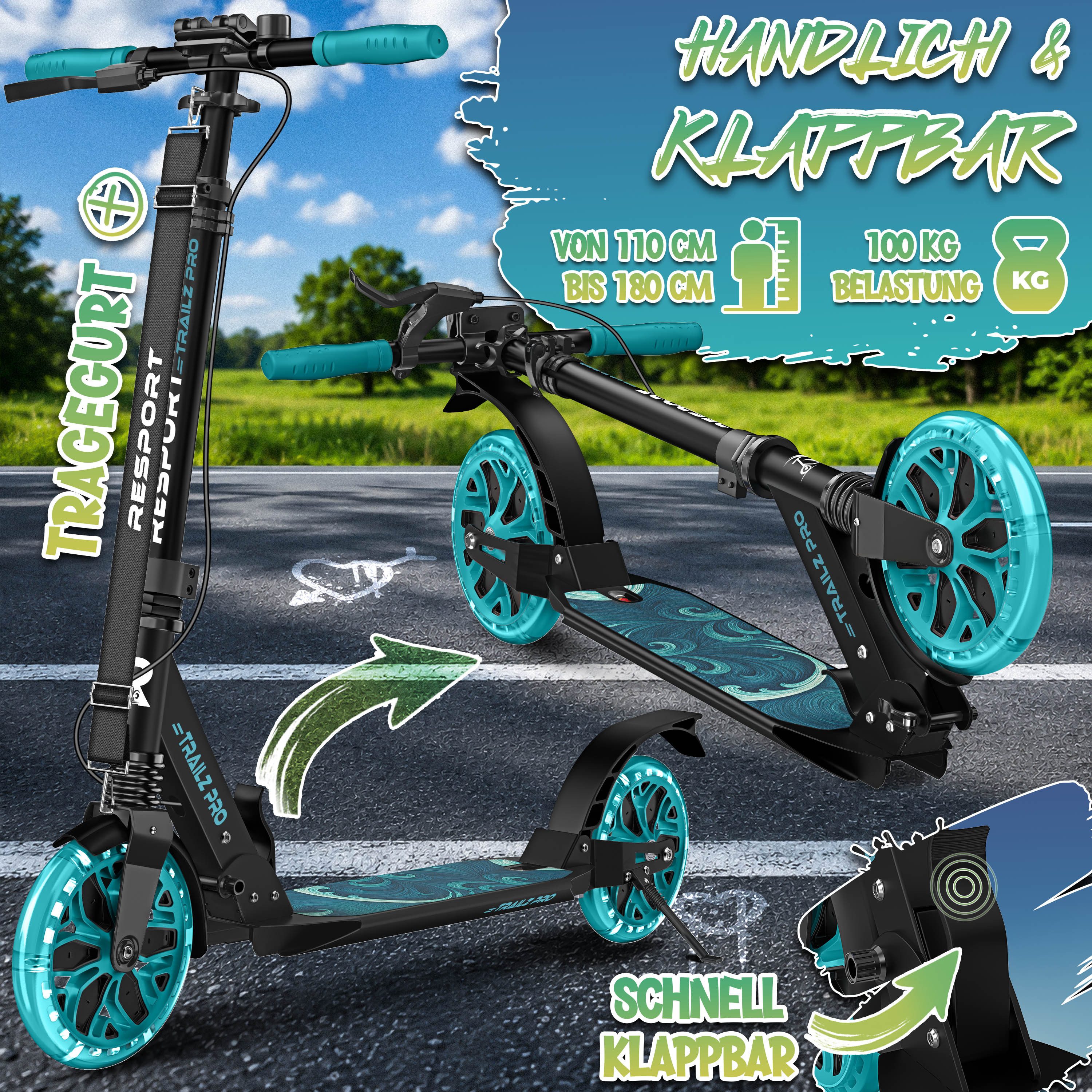 RE:SPORT Cityroller RE:SPORT® Trailz Pro Cityroller Scooter inkl. Tragegurt und Klingel, (Scooter höhenverstellbar & klappbar, Kickscooter Tretroller inkl. Hand – Bild 2 von 5