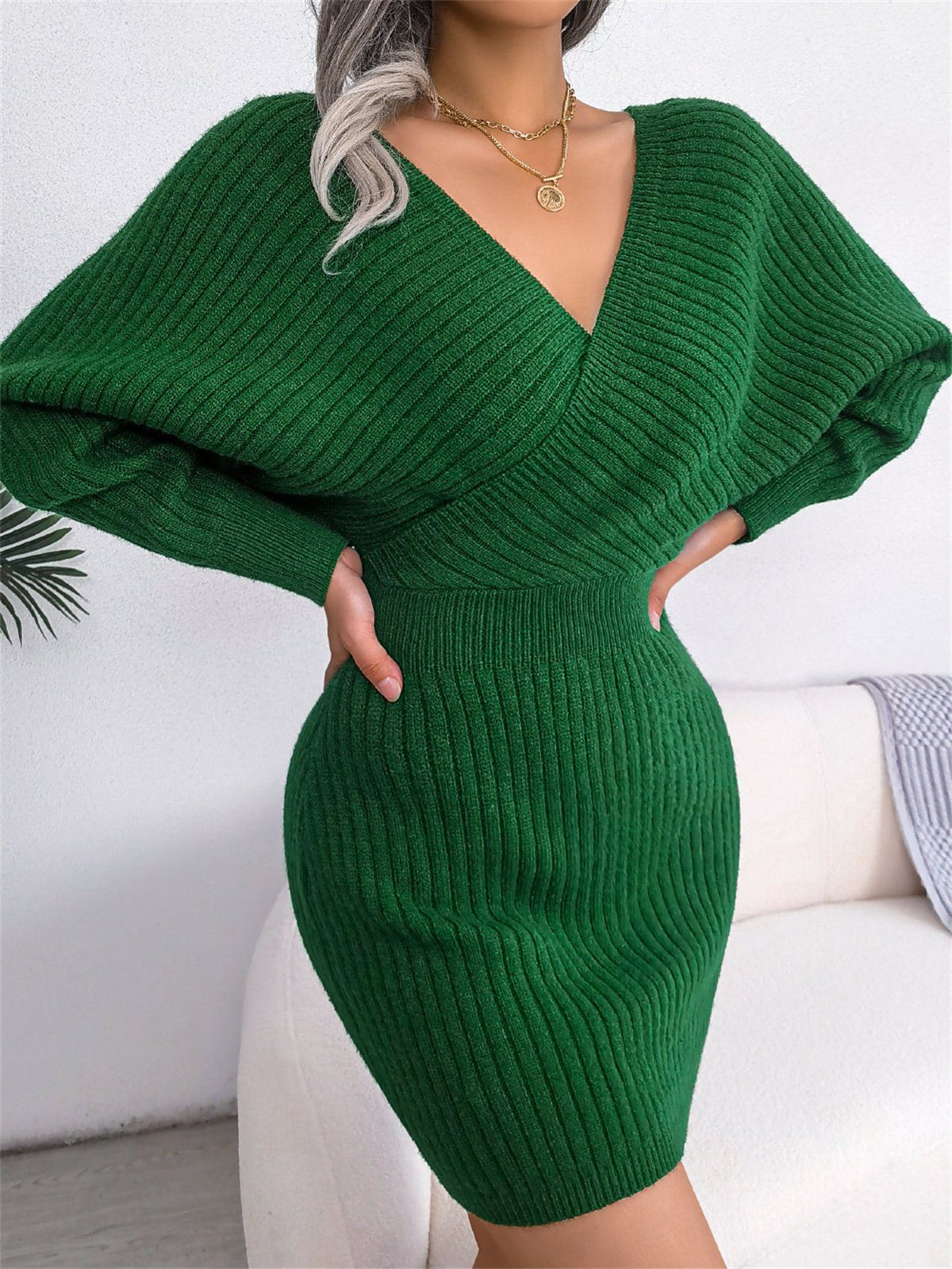 carefully selected Strickkleid Sexy Jersey Damen-Tunika-Pulloverkleid V-Ausschnitt mit und grün