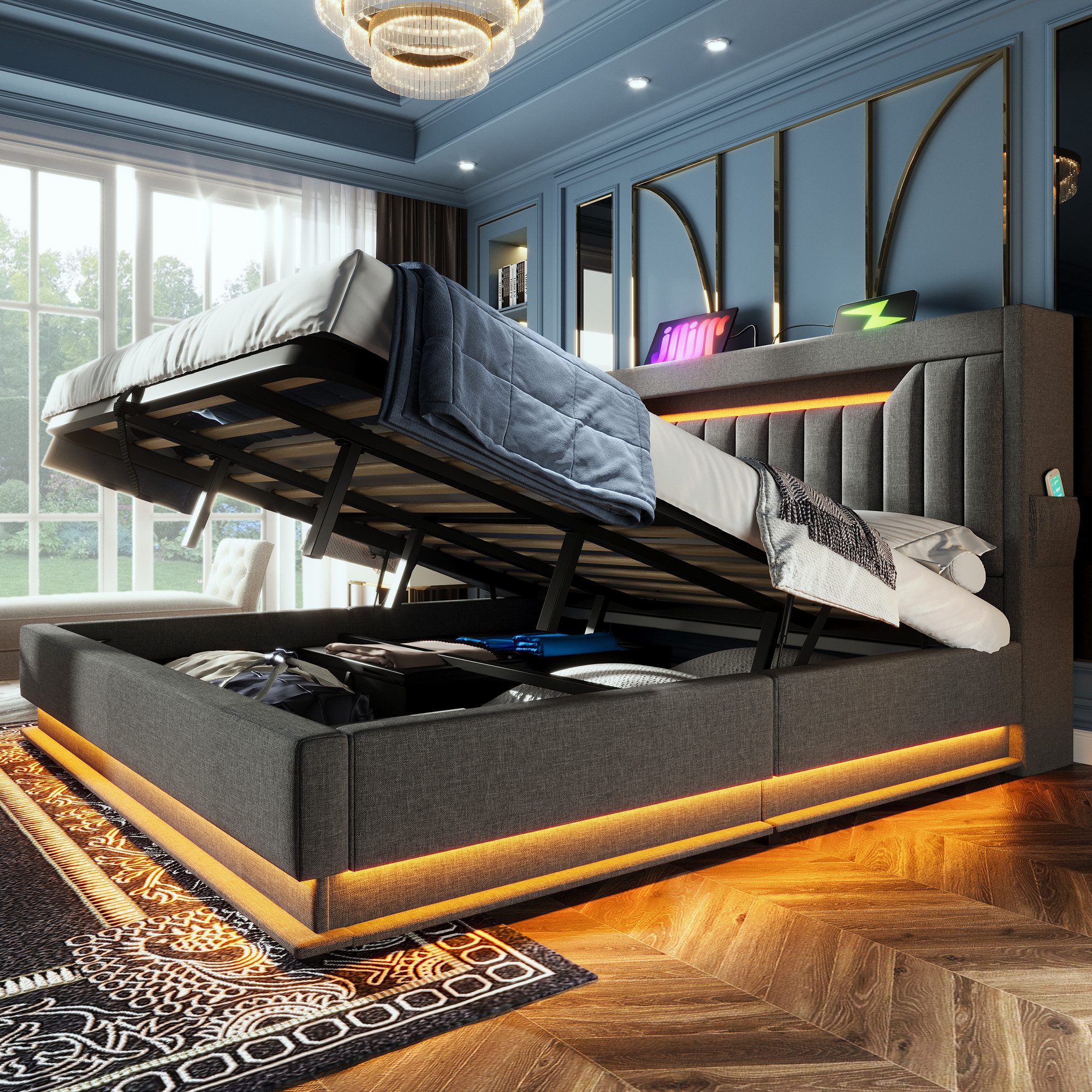 MODFU Polsterbett mit Stauraum LED Beleuchtung Ladefunktion (Struraumbett, Funktionsbett, 180x200 cm, ohne Matratze, Grau), mit USB- und Typ-C-Anschlüssen, LED-Beleuchtung