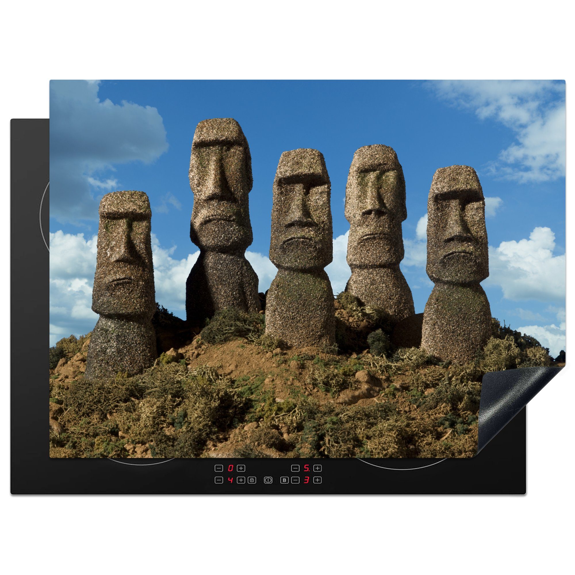 MuchoWow Herdblende-/Abdeckplatte Fünf Moai-Statuen auf der Osterinsel, Vinyl, (1 tlg), 71x52 cm, Induktionskochfeld Schutz für die küche, Ceranfeldabdeckung