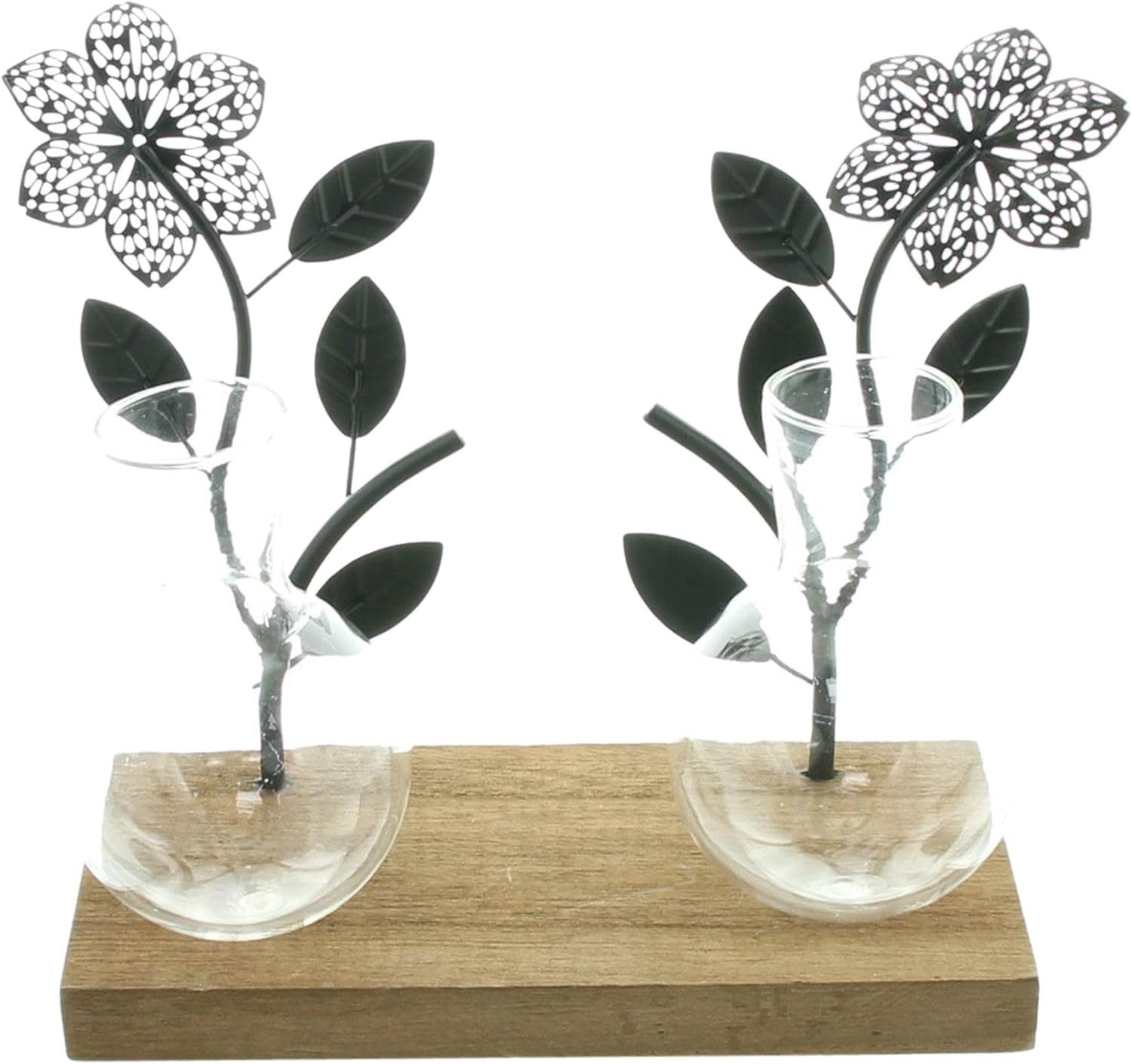 Dekoleidenschaft Dekovase "Flowers" Board aus Holz, 2 Metall Blumen in schwarz, 2 Vasen aus Glas, Dekoboard, Vasenhalter, Blumenvase, Vasenset, Glasvase, Tischdeko