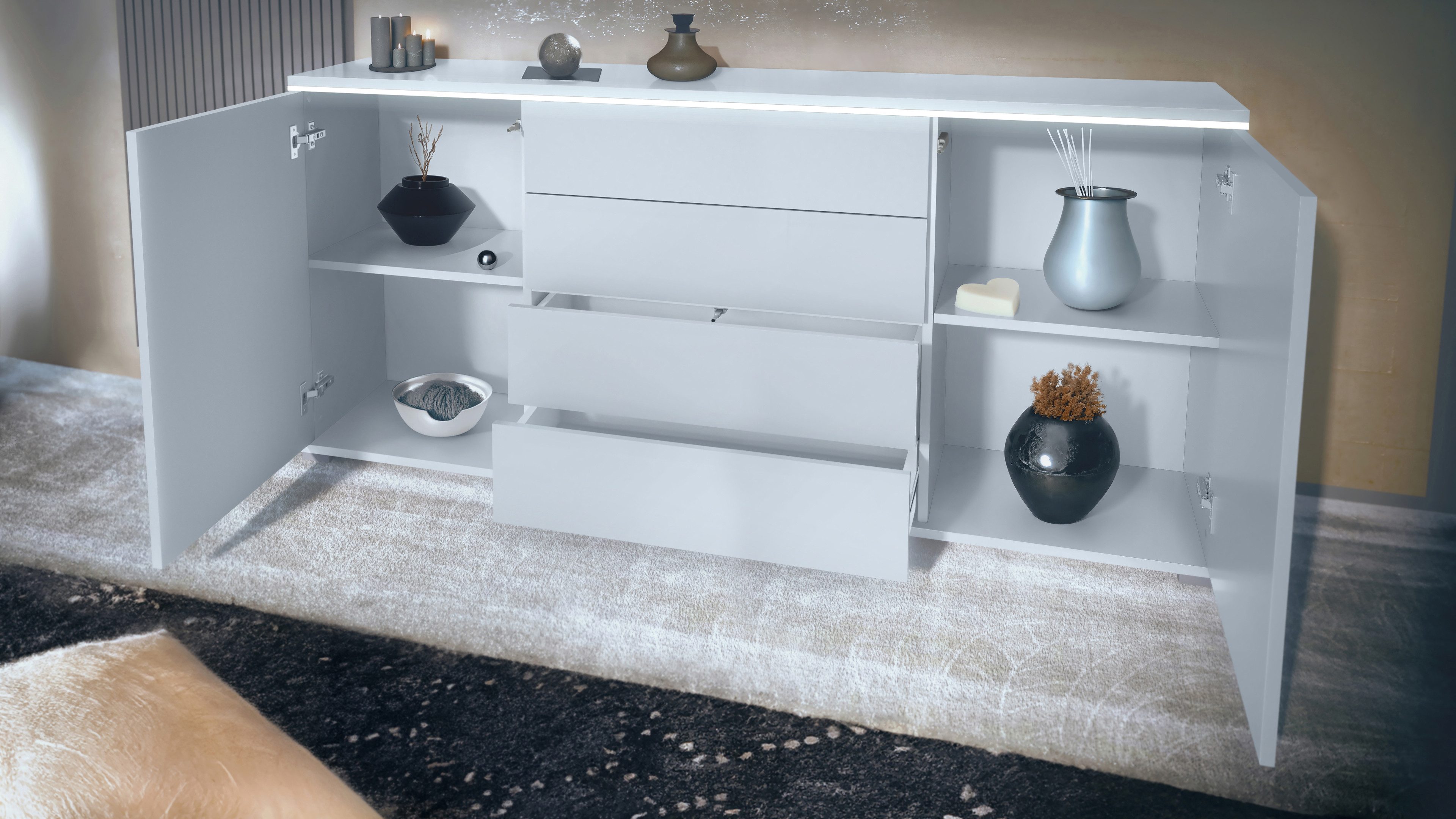Vladon Sideboard Faro V2 (Kommode mit 2 Türen & 4 Schubladen, Schrank mit LED Lichtleiste), Weiß matt / Bordeaux Hochglanz (166,5 x 75,5 x 35)