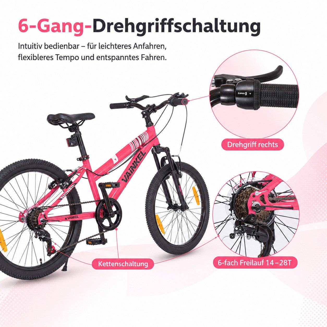 Vankel Kinderfahrrad 20 Zoll, Fahrrad für Kinder, Mountainbike, ab 6 Jahre, 6 Gang, Kettenschaltung, Mit Federgabel, V-Brakes, Reflektoren und Seitenständer – Bild 4 von 5
