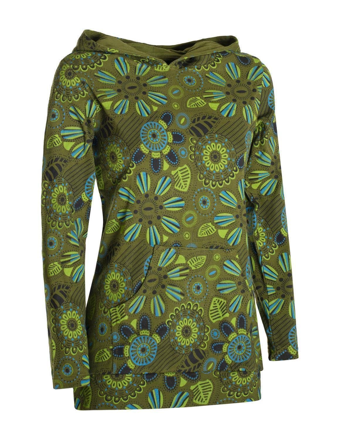 Vishes Kapuzenshirt Langarm Hoodie mit Blumen Druck und Kängurutasche Hippie, Goa Style