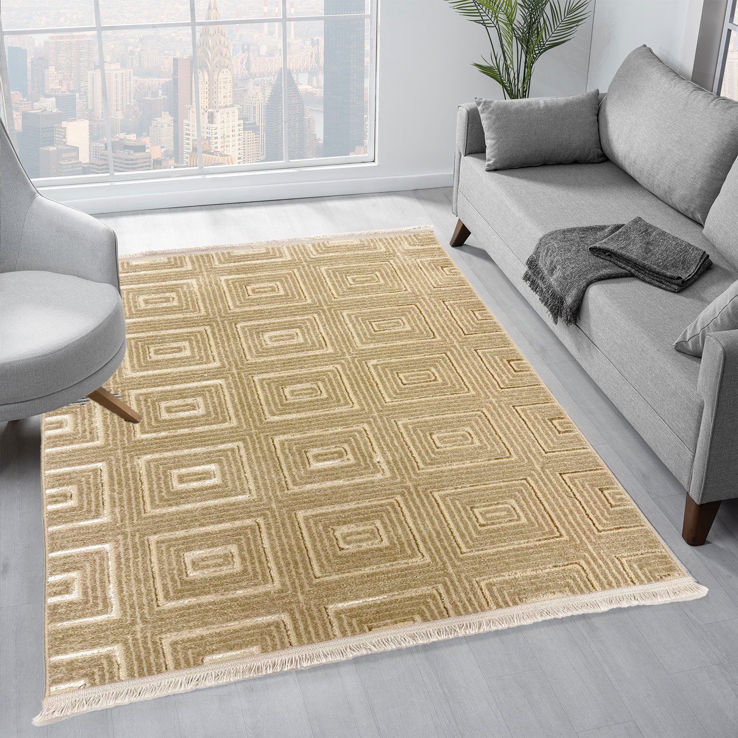 Vimoda Teppich Teppich Wohnzimmer neues dünn Designteppich kariert moderne, Rechteckig, Höhe: 5 mm, Kurzflor Teppich 3D, Sommer/Winter, glänzenden Linien, Fransen