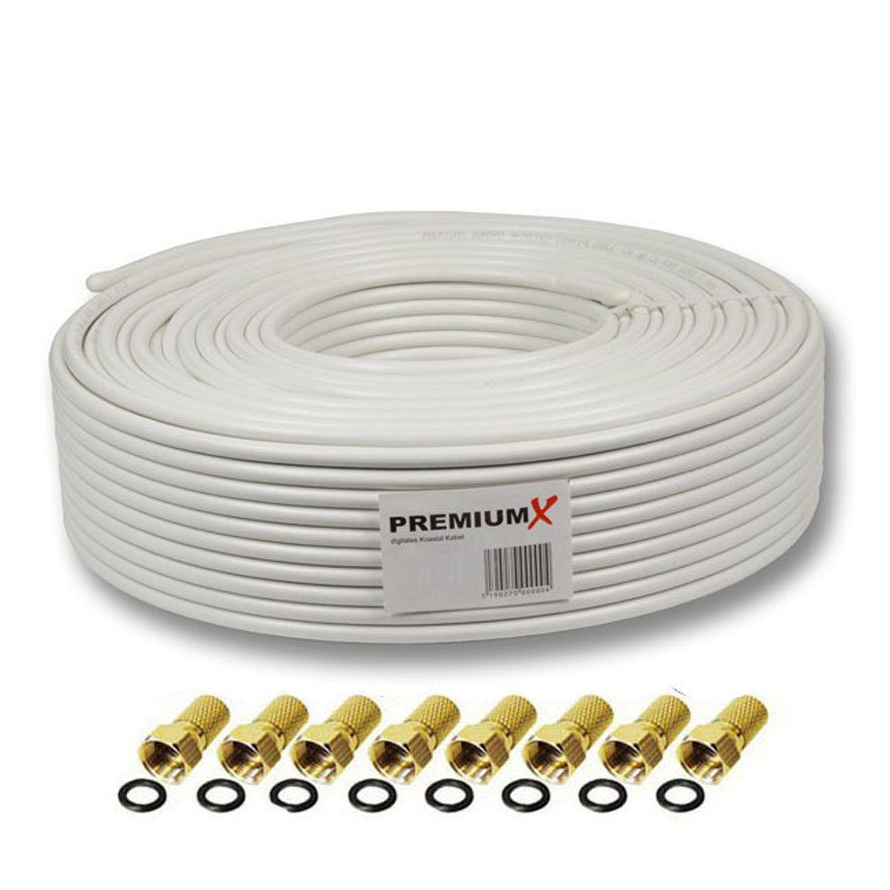 PremiumX 50 Meter Sat Koaxial Kabel 135 dB 5-fach Kupfer-Stahl 8x F-Stecker SAT-Kabel