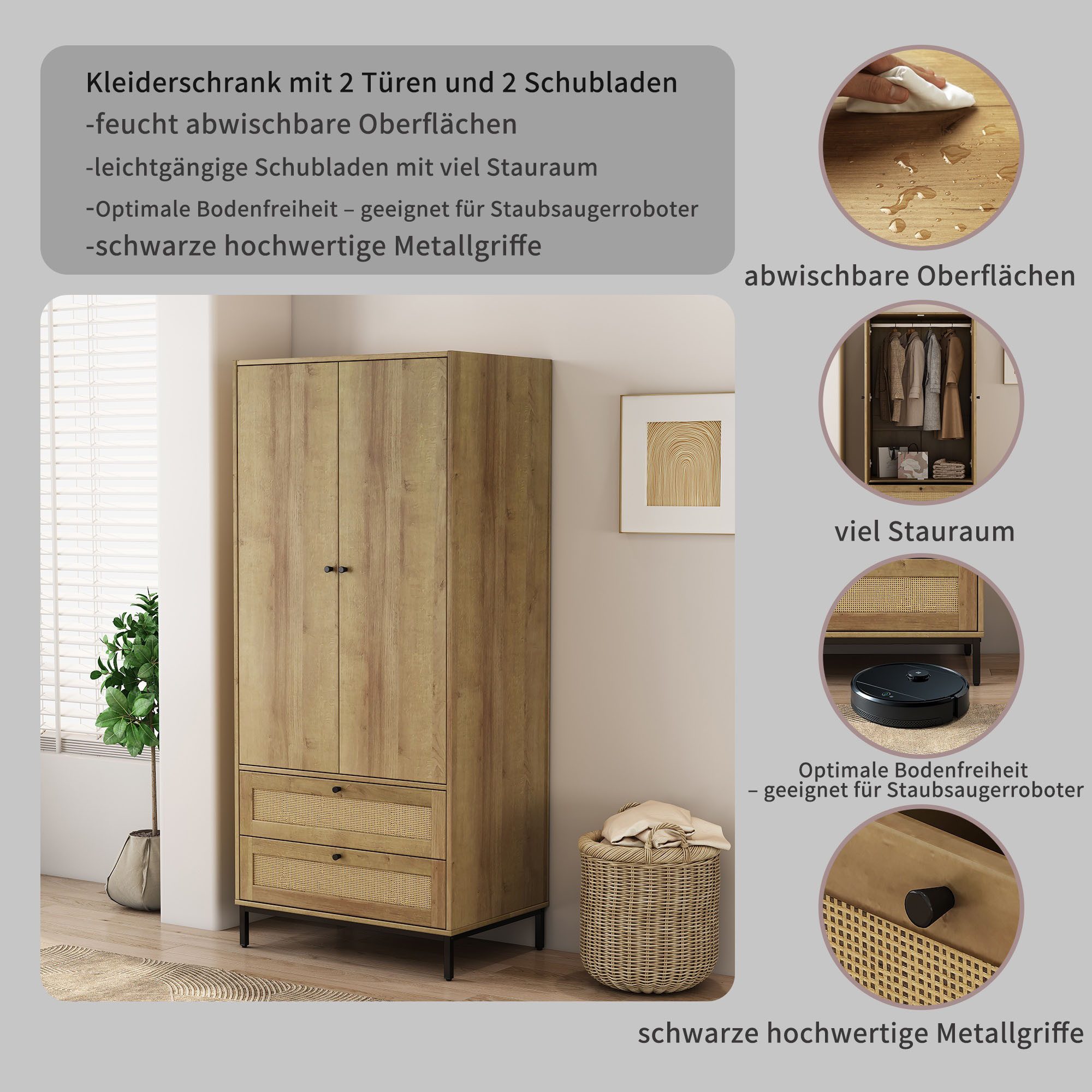 OTTO home Kleiderschrank Motala Schlafzimmerschrank Garderobe Boho Eichen-Design (Moderne schwarze Griffe, Schublade mit Geflecht) Schlafzimmerschrank mit 2 Türen und 2 Schubladen