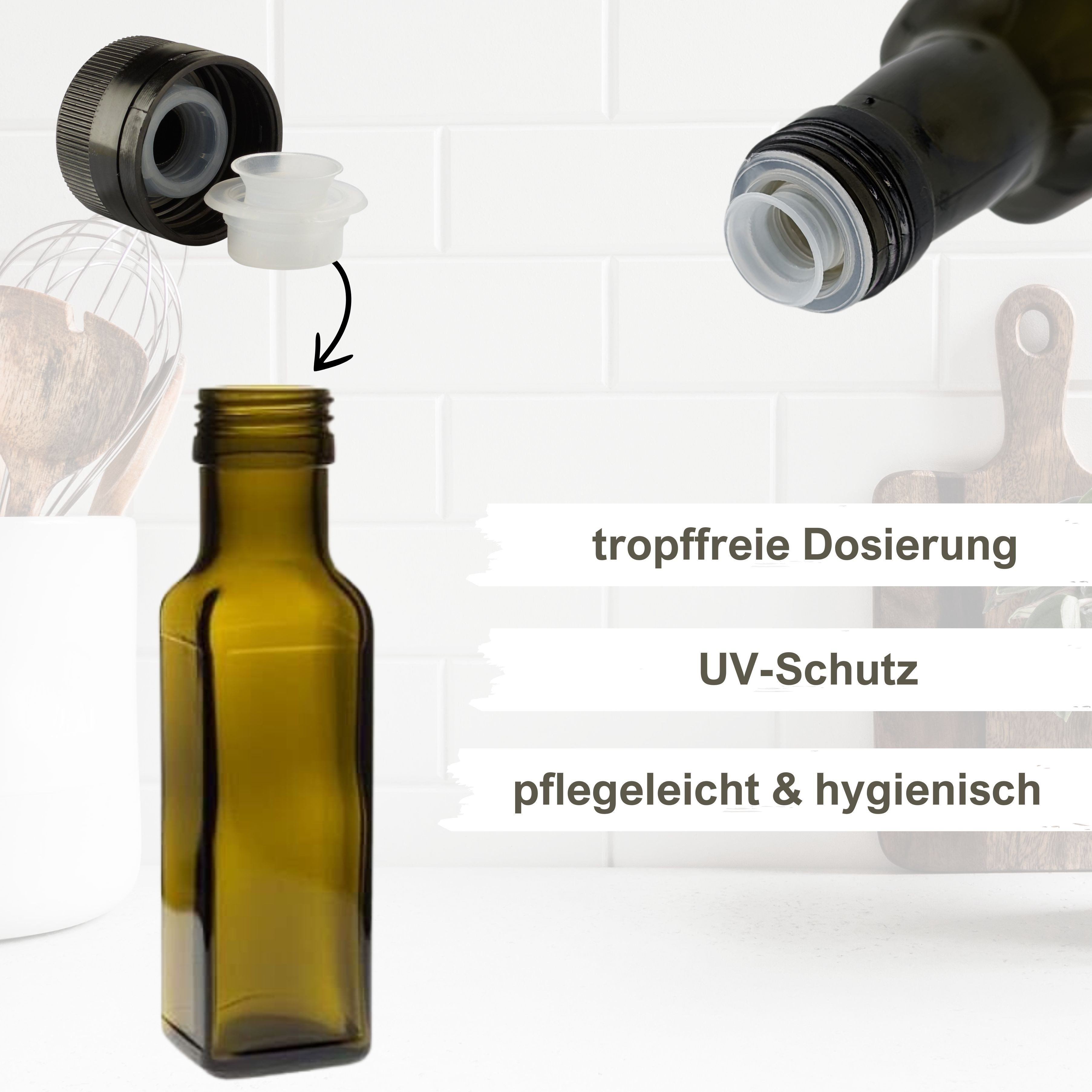 mikken Ölspender 6x Ölflaschen 100 ml mit Ausgießer braune / grüne Glasflasche, (6-tlg., 6), inklusive Beschriftungsetiketten – Bild 2 von 3