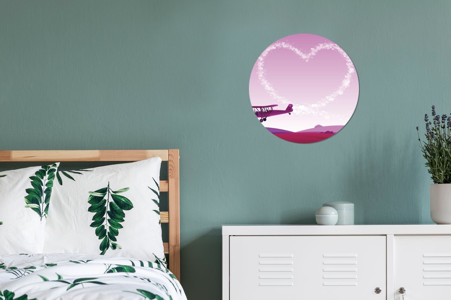 in Tapetenkreis Flugzeugs eines einem Rund, Wandsticker Illustration St), (1 Wohnzimmer für Tapetenaufkleber, Eine MuchoWow rosa Himmel Kinderzimmer,
