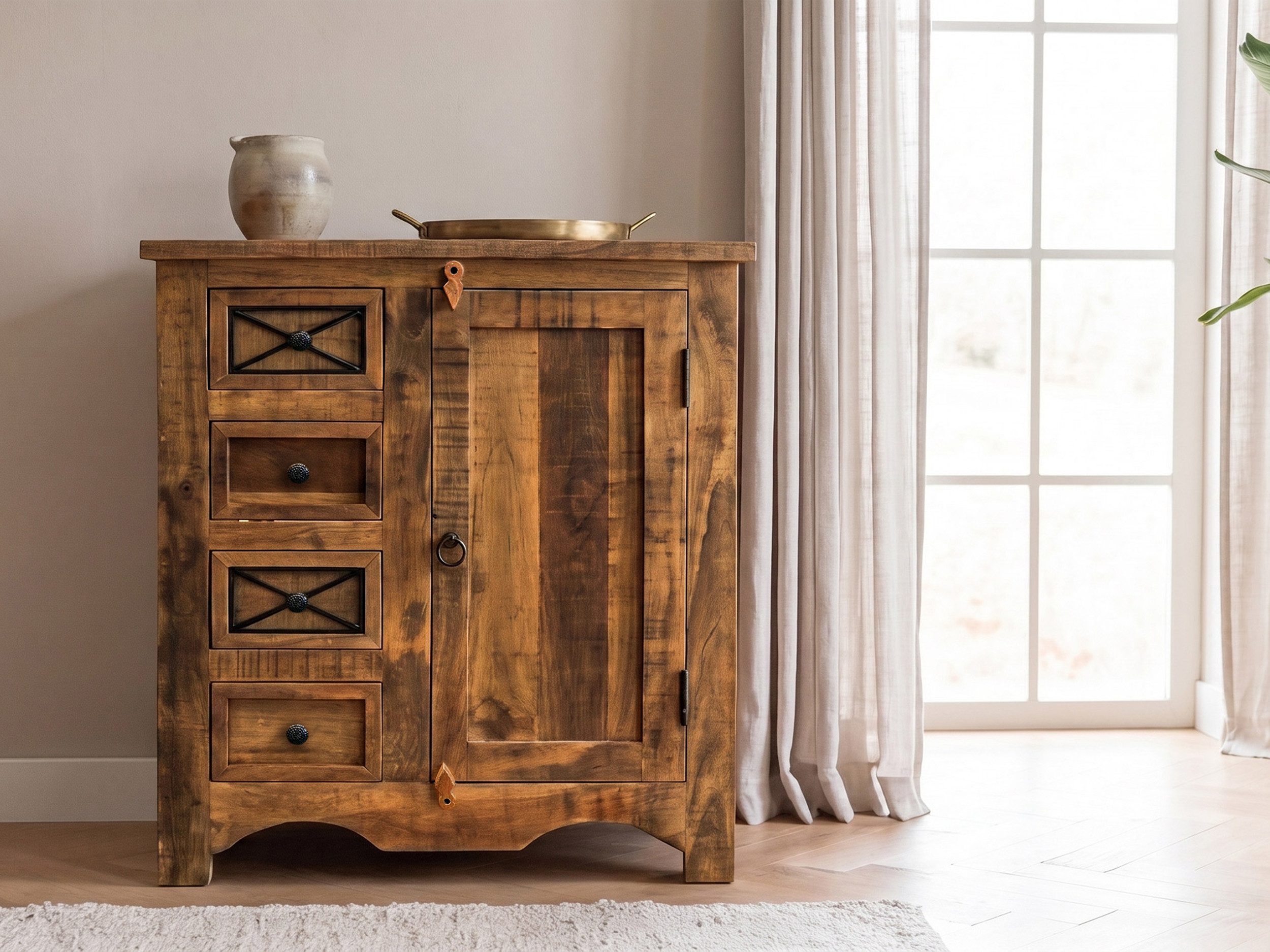 Massivart® Sideboard 70 cm Breite Massivholz Akazie lackiert »ACANO«, montiert · 1 Drehtür · 4 Schubladen · 1 Einlegeboden