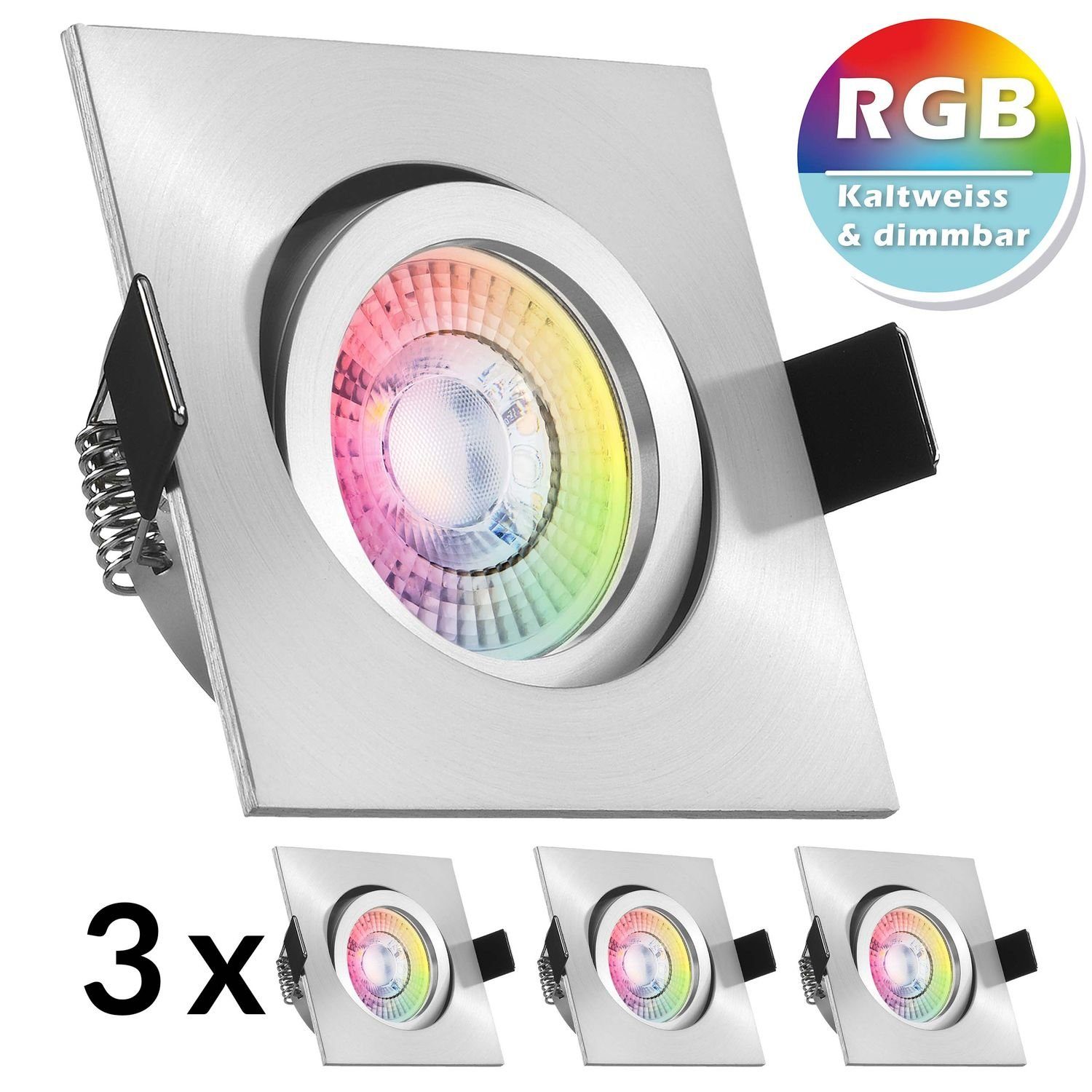 LEDANDO LED Einbaustrahler 3er RGB LED Einbaustrahler Set extra flach in aluminium matt mit 3W LE