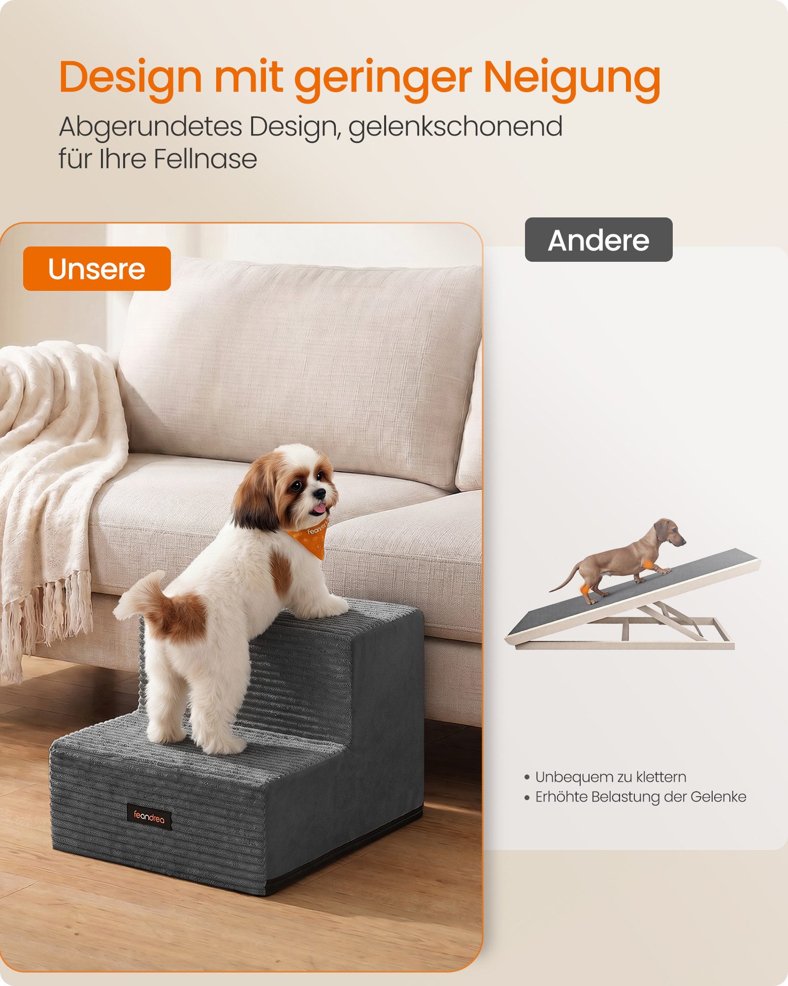 FEANDREA Haustiertreppe Waschbare Haustiertreppe für Bett und Sofa, 2 Stufen Katzentreppe aus Schaumstoff, Hunderampe für Kleine Hunde