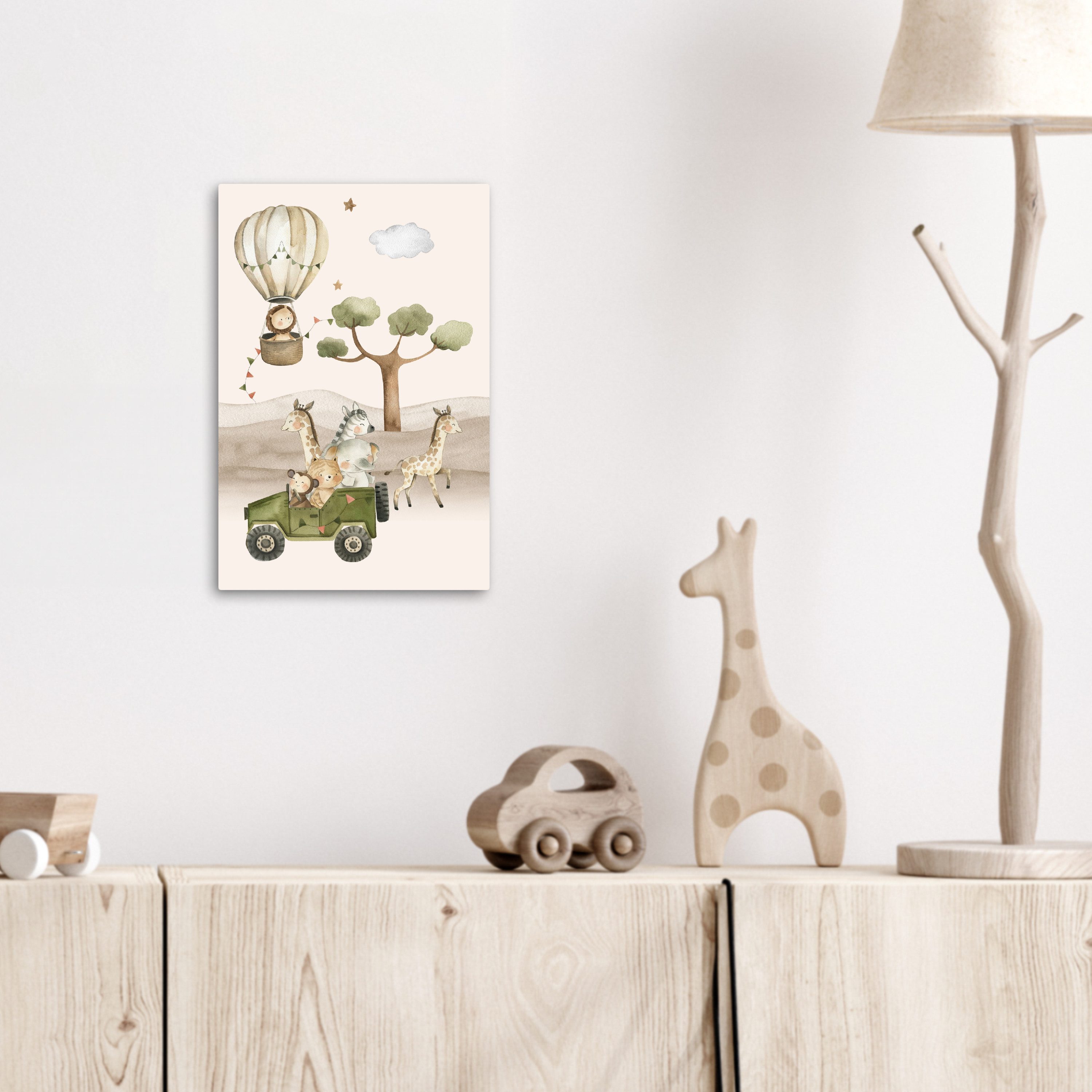 OneMillionCanvasses® Leinwandbild Wilde Tiere - Safari - Aquarell - Heißluftballon, Fotodruck (1 St), Kinderzimmer Deko, Mädchen und Jungen Bilder 20x30 cm