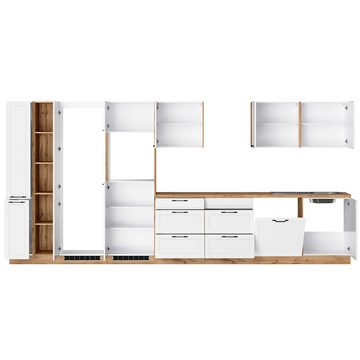 Lomadox Küchenzeile MONTERREY-03, Küchenblock Küchenmöbel, 420cm, weiß mit Eiche