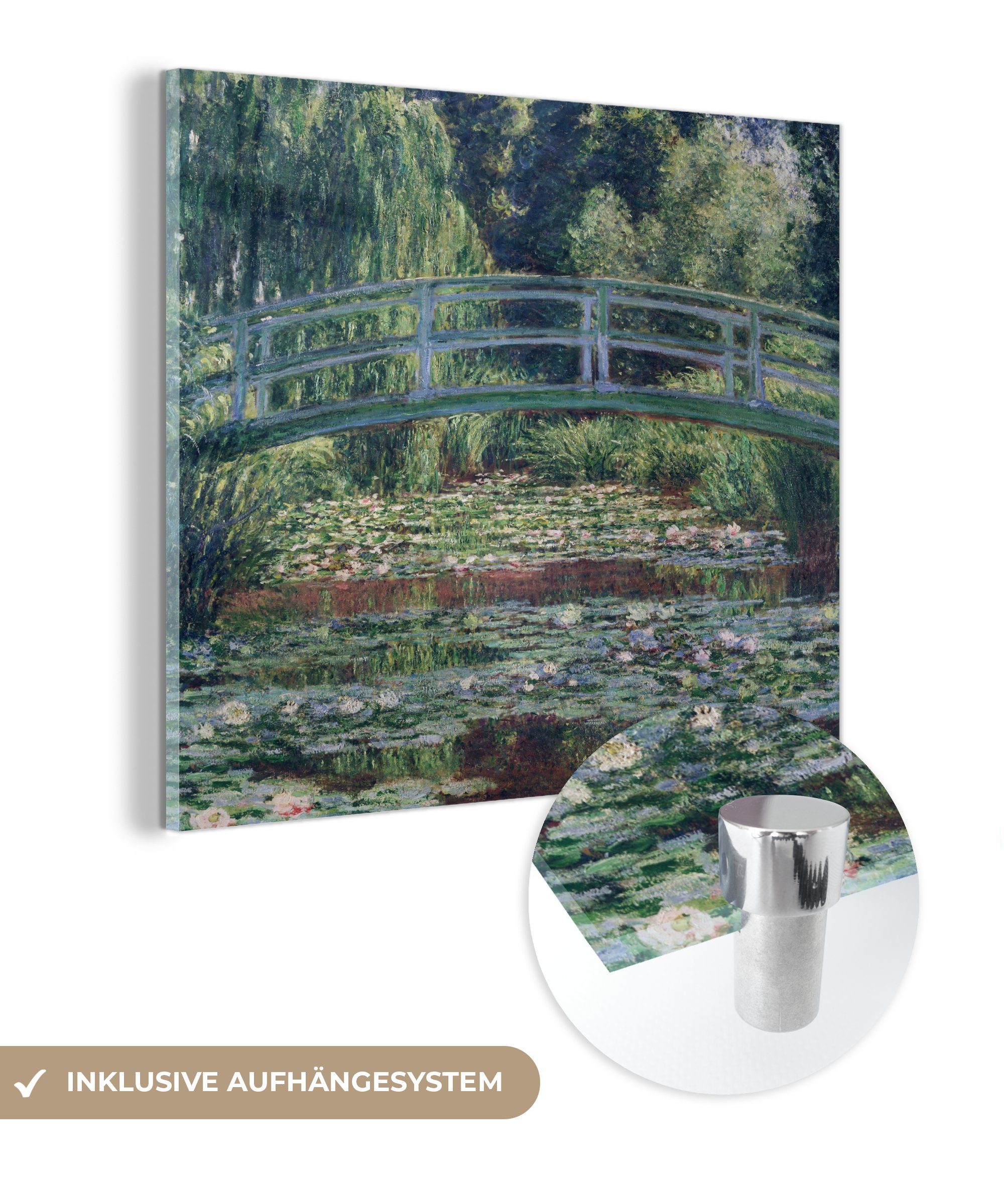 MuchoWow Die - Bilder Acrylglasbild - Wandbild - Foto Wanddekoration Monet, Claude St), Glas und (1 auf - auf Brücke Glas die japanische Glasbilder Seerosen