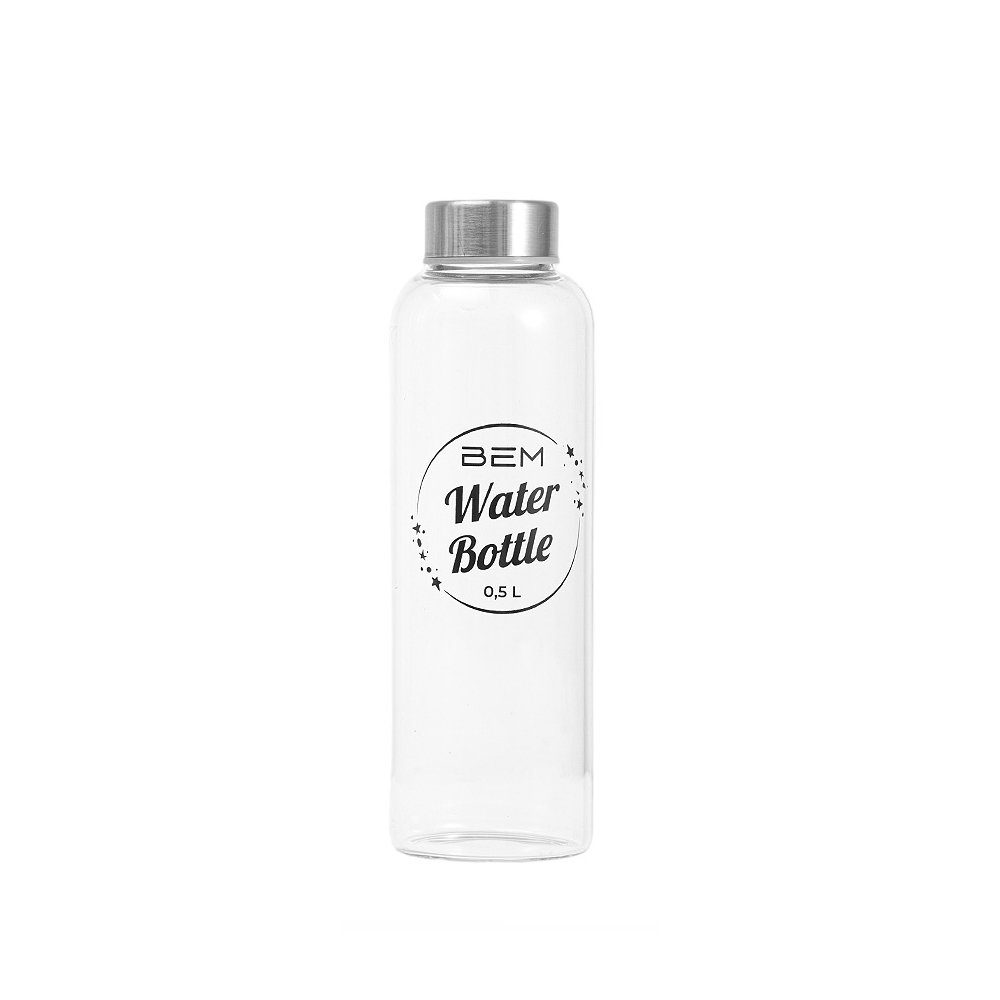 BEM Trinkflasche Water Bottle aus Glas mit Edelstahldeckel, BPA-frei Spülmaschinenfest Silikonhülle Borosilikatglas Wasser Flasche