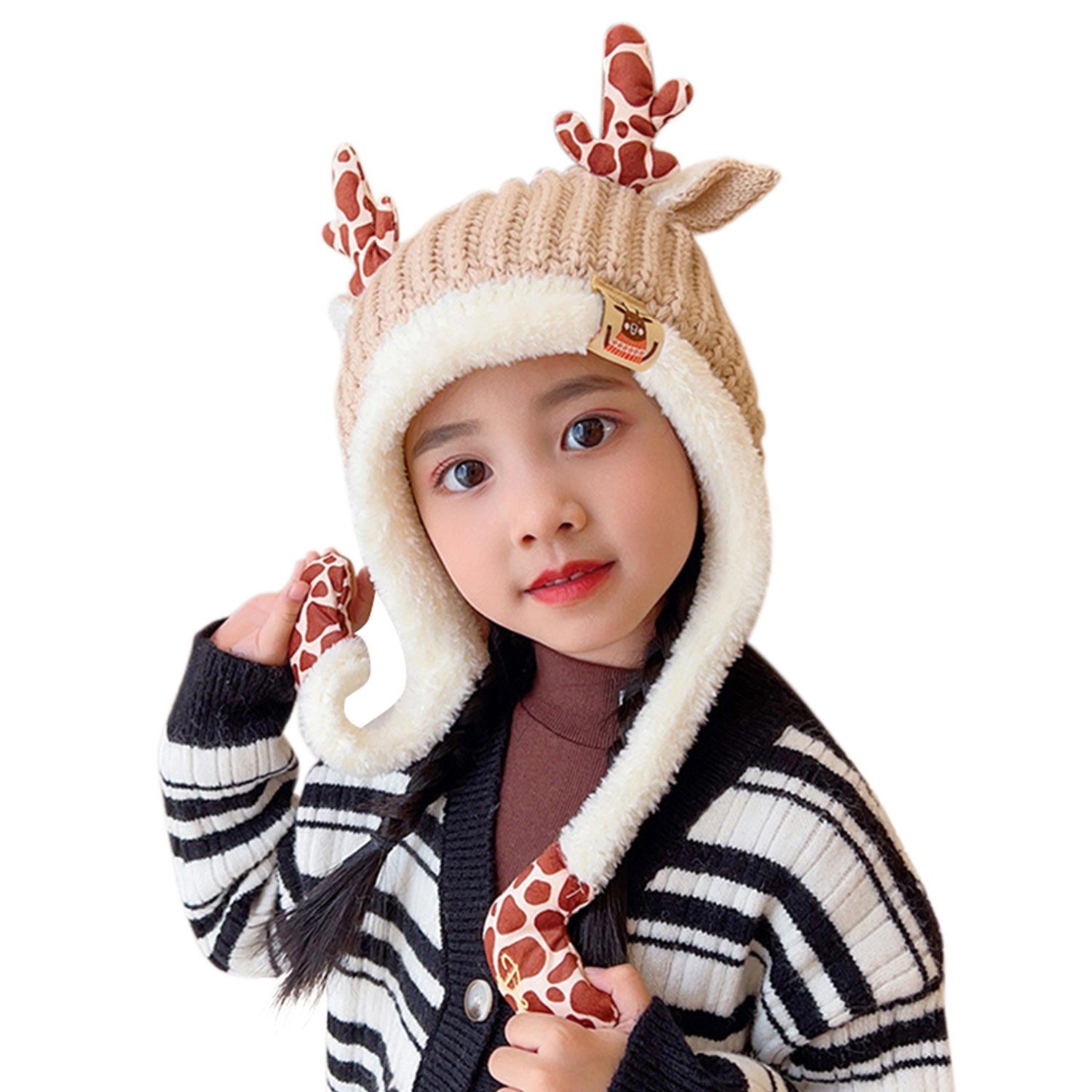 MAGICSHE Strickmütze mit Geweihen für Kinder Ohrenklappen Fleece-gefütterte Beanie Khaki