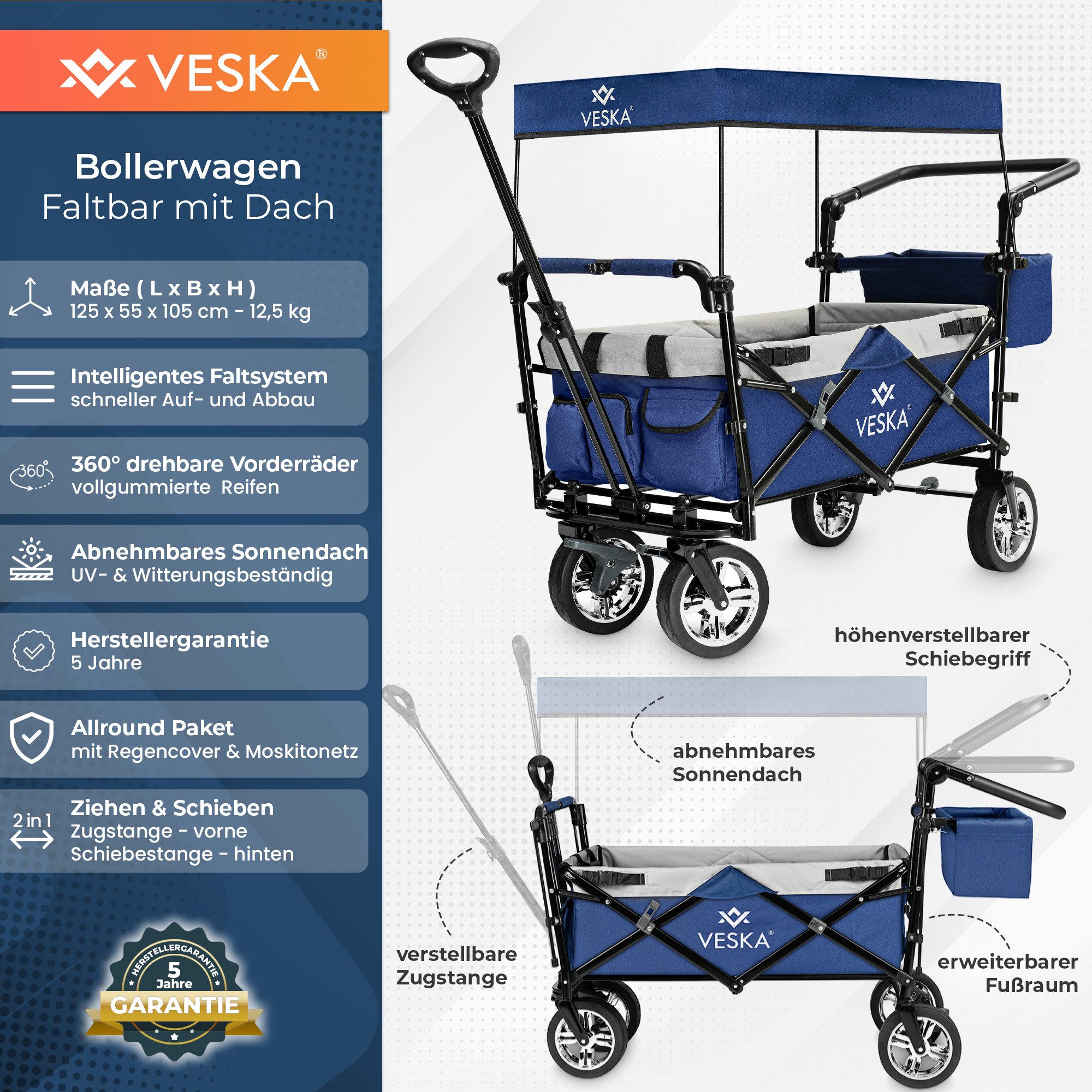 VESKA Bollerwagen faltbar mit Dach Handwagen Transportwagen, 2-Sitzer 3-Punkt Gurtsystem (mit Moskitonetz, Regencover), klappbar, Vollgummi-Reifen, bis 80 kg, Vorder- und Hinter-Bremse