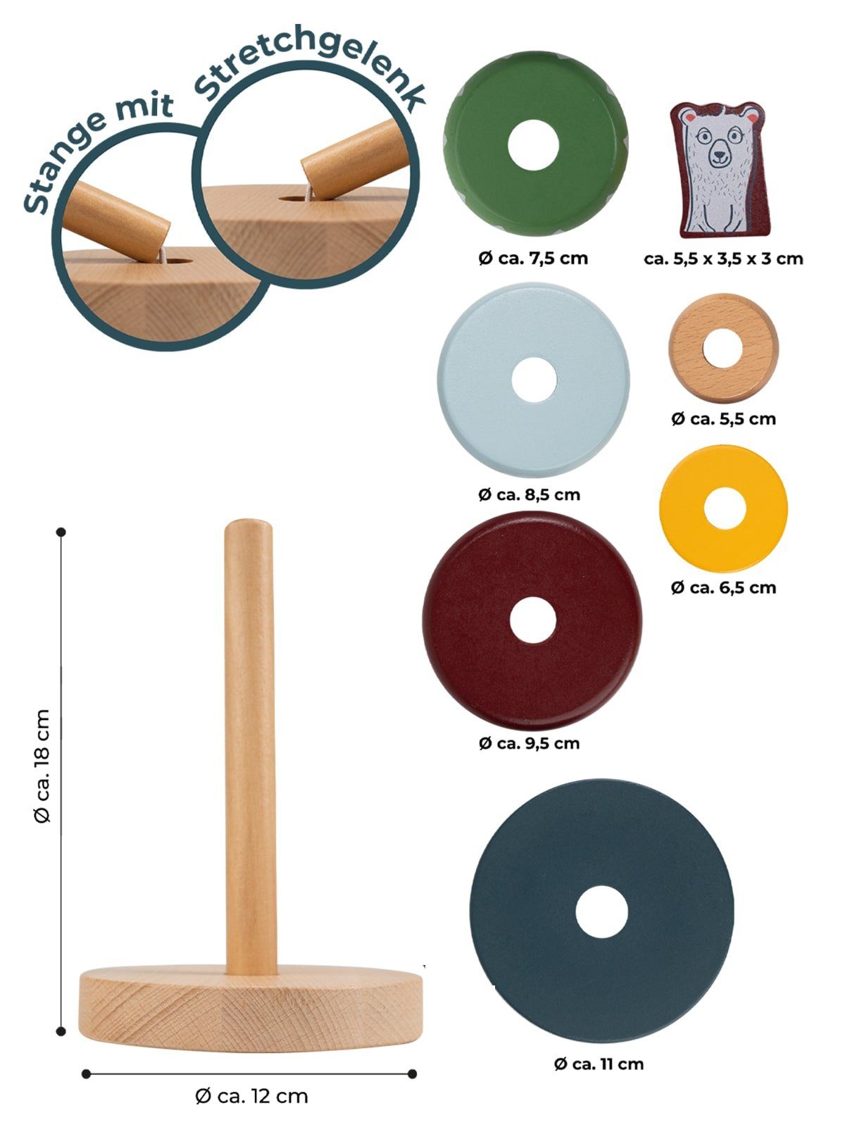 Hej Lønne Stapelspielzeug Stapelturm Ringe Kinder Spielzeug, Lernspielzeug mit 7 Steckteilen - ideal für die Entwicklung der Feinmotorik und Hand-Augen-Koordination