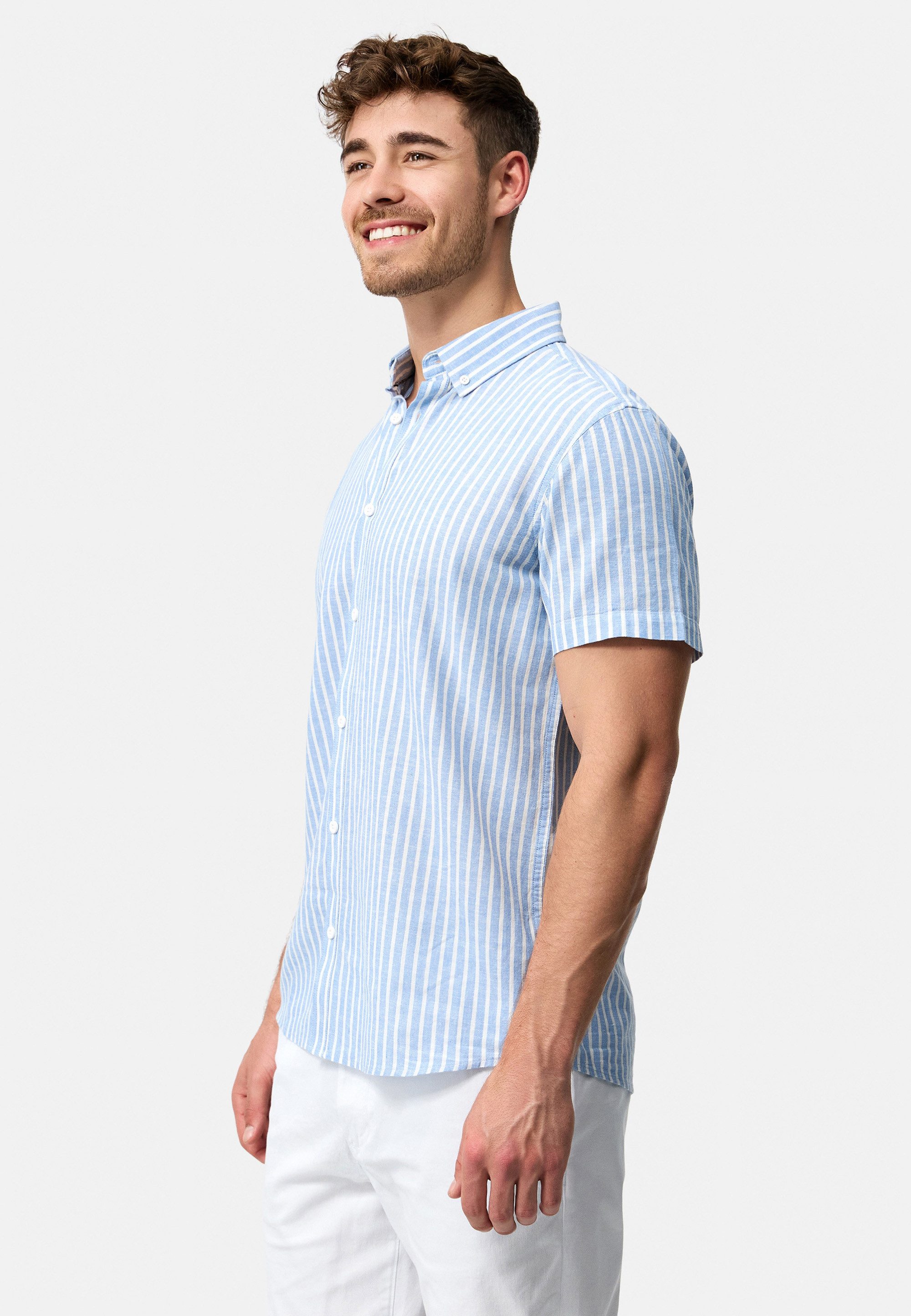 Indicode Kurzarmhemd Herren INBravida Herrenhemd Kurzarm aus einem leichtem Leinenmix, mit Button-Down-Kragen