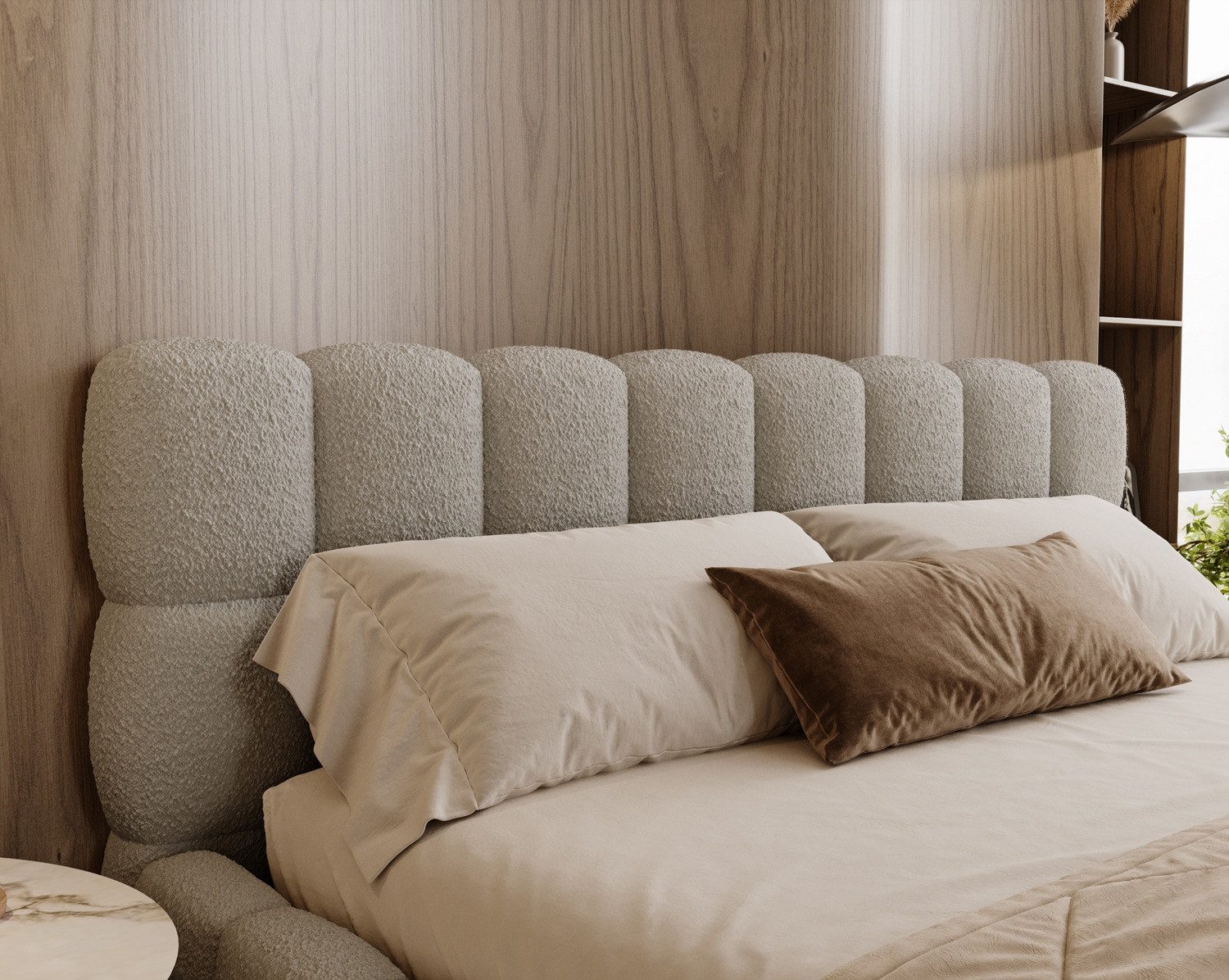 Labett Polsterbett ALMA Bubble Bouclé-Stoff 120x200 140x200 160x200 180x200 200x200cm (Kopfteil im Oversize-Look und Stauraum), hochwertiger Bouclé-Stoff in Creme, Beige, Braun und Schwarz