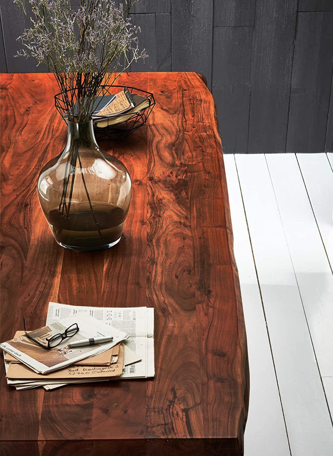 Junado® Baumkantentisch 50mm, Baumkante natürliche Akazie Stärke Massivholz, Silberfarben Tischplatte | Nussbaumfarben Xerez