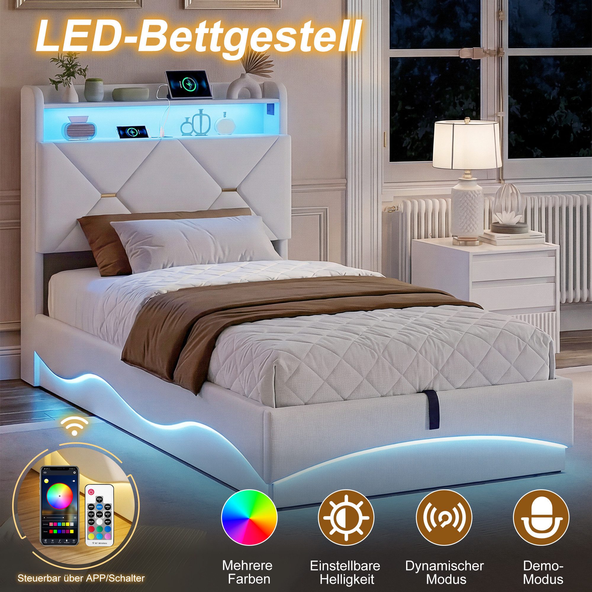 Simurq Stauraumbett Polsterbett 90x200 aus Samt, Einzelbett mit Bettkasten, Jugendbett (Kopfteil-Stauraum und Metall-Holz-Lattenrost), Stauraumbett mit Gasdruck – Bild 4 von 5