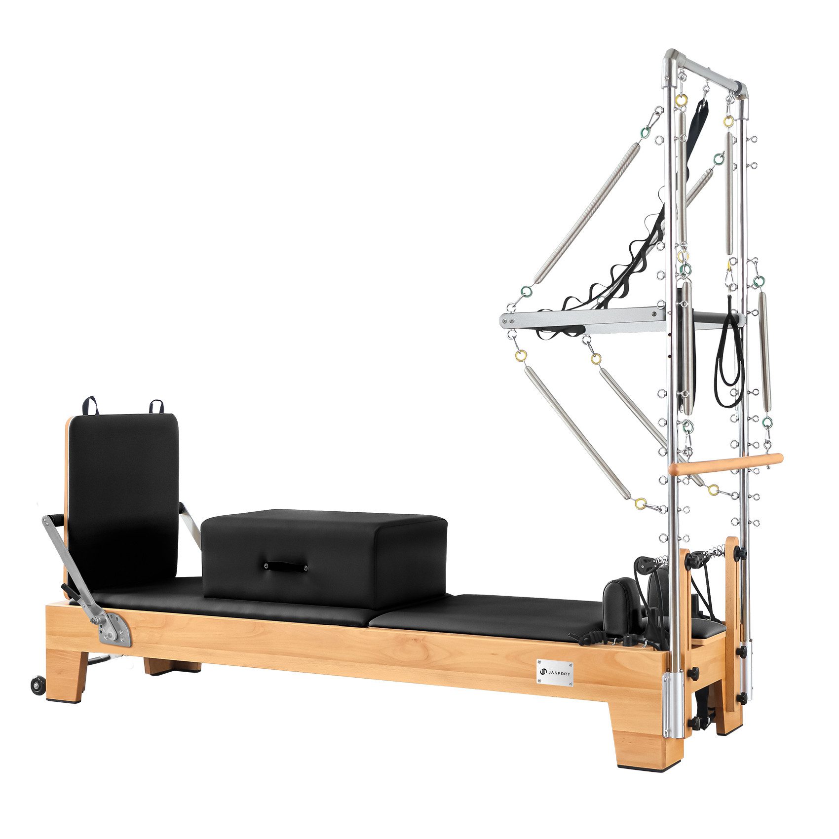 JASPORT Pilates-Reformer B80 mit Tower aus Buchenholz, 150 kg belastbar, (Pilates Reformer Set inkl. Tower und Zubehör), Massives Buchenholz, Mehrfaches Federsystem