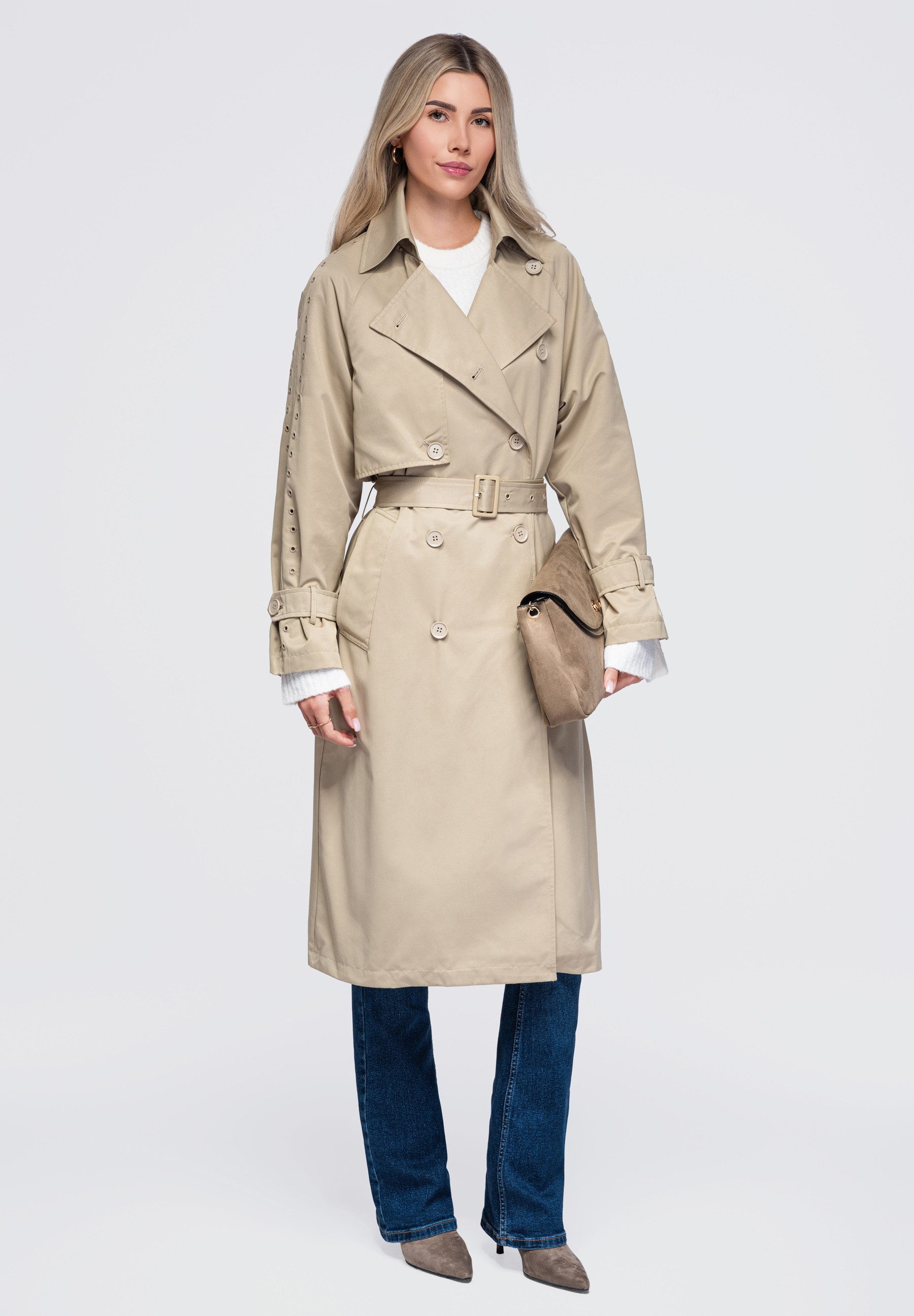 OMBRE Trenchcoat Damen Trenchcoat mit breitem Revers Beige L (kein Set, 1-tlg., mit Bindegürtel) in Unifarbe