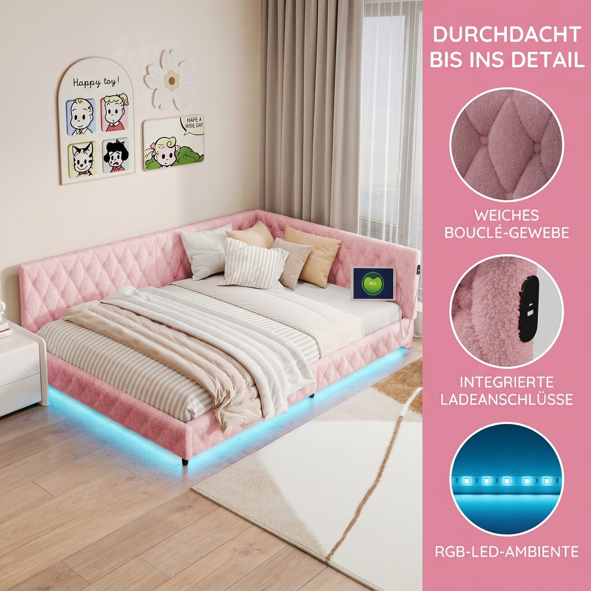 ADWOLT Polsterbett Daybett Schlafsofa Doppelbett Tagesbett, 140x200cm mit LED Beleuchtung und USB-Aufladen,Teddysamt,Rosa
