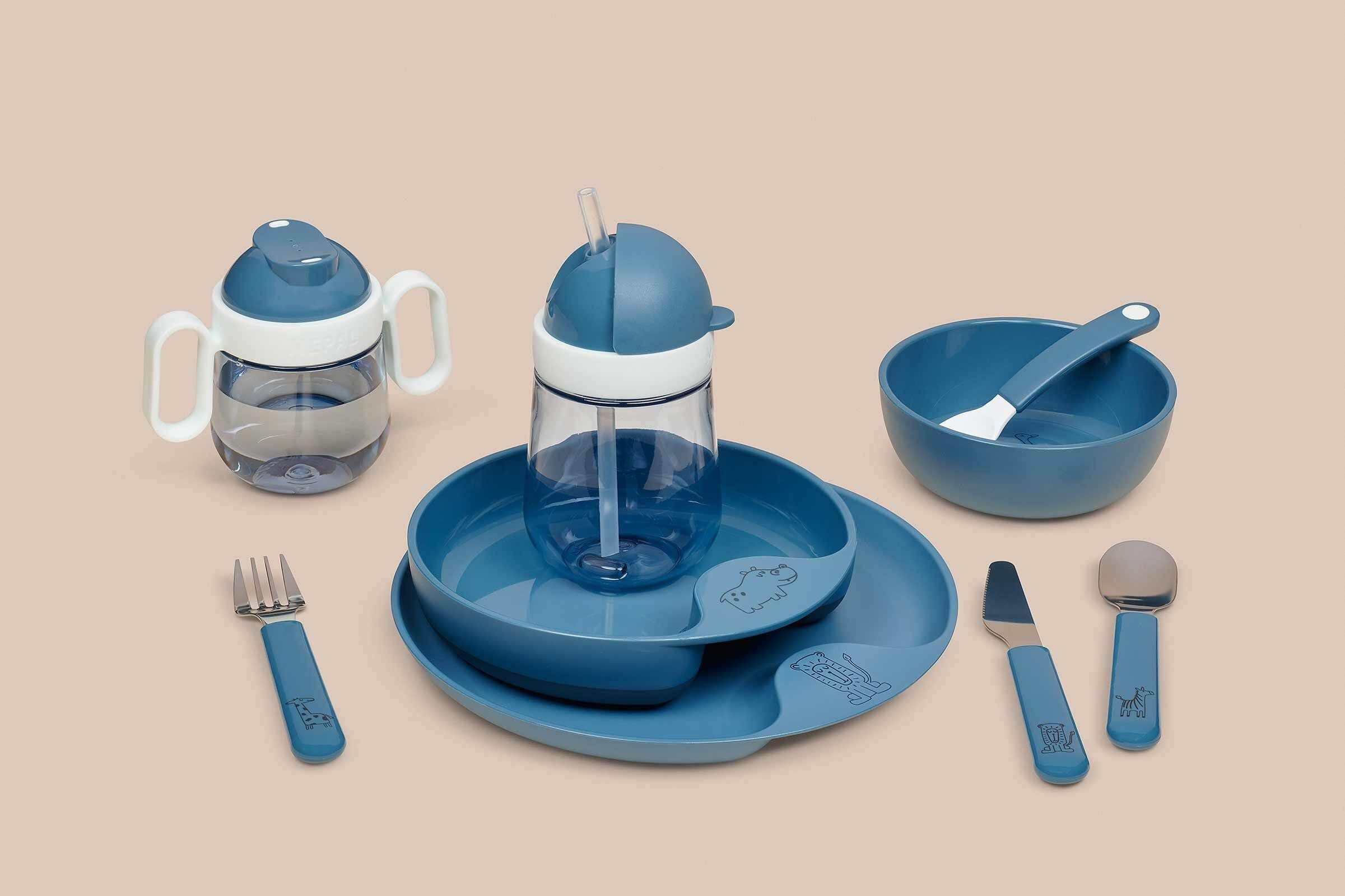 Kinderschale Löffel, Set, (1x Fütterlöffel Mepal mit Mio blue 3-tlg) Schale, Kinderschale 3er Kunststoff, 2x deep