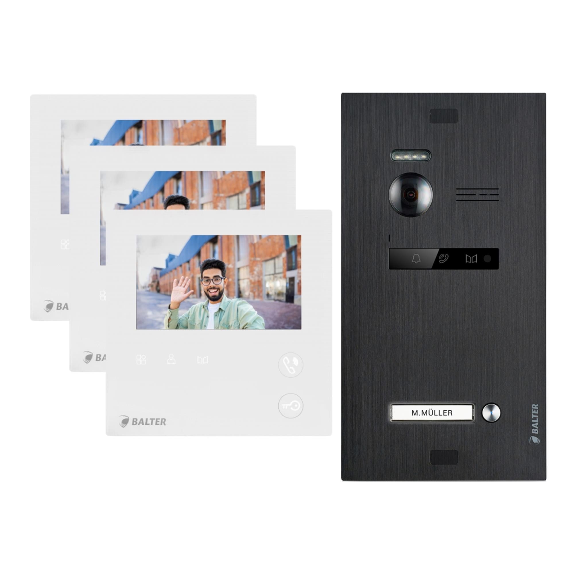 Balter Video-Türsprechanlage EVO MINI Komplettsystem für 1-Familienhaus Schwarz 3x 4.3" Monitore (Set, 1-Familienhaus, Komplettsett, 2-Draht BUS, 150° Weitwinkel-Kamera)