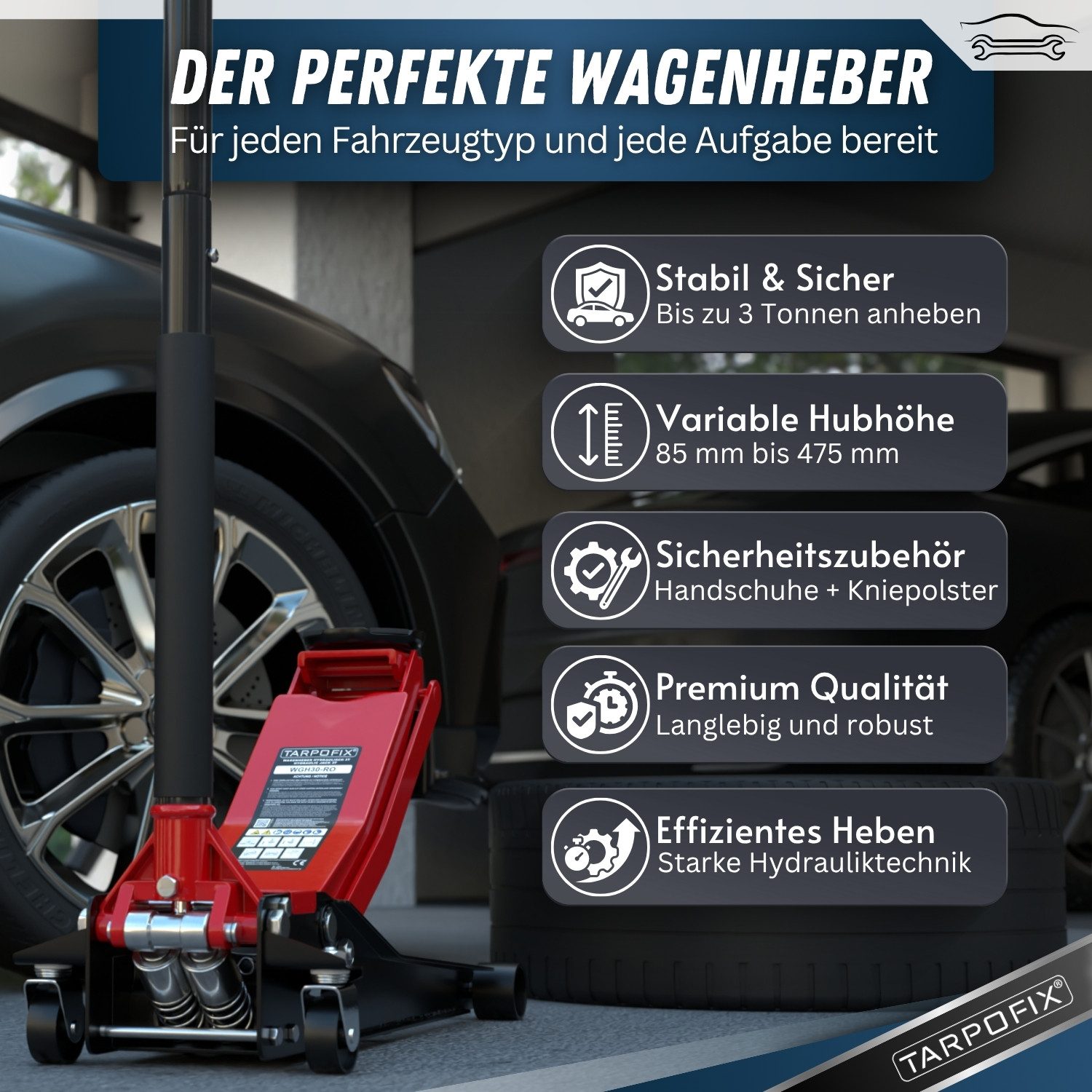 Tarpofix® Wagenheber Tarpofix® Hydraulischer Wagenheber 3t mit Doppelzylinder, max. Hubhöhe: 47.5 cm, Robuster Hydraulikheber mit 85 - 475 mm Hubhöhe