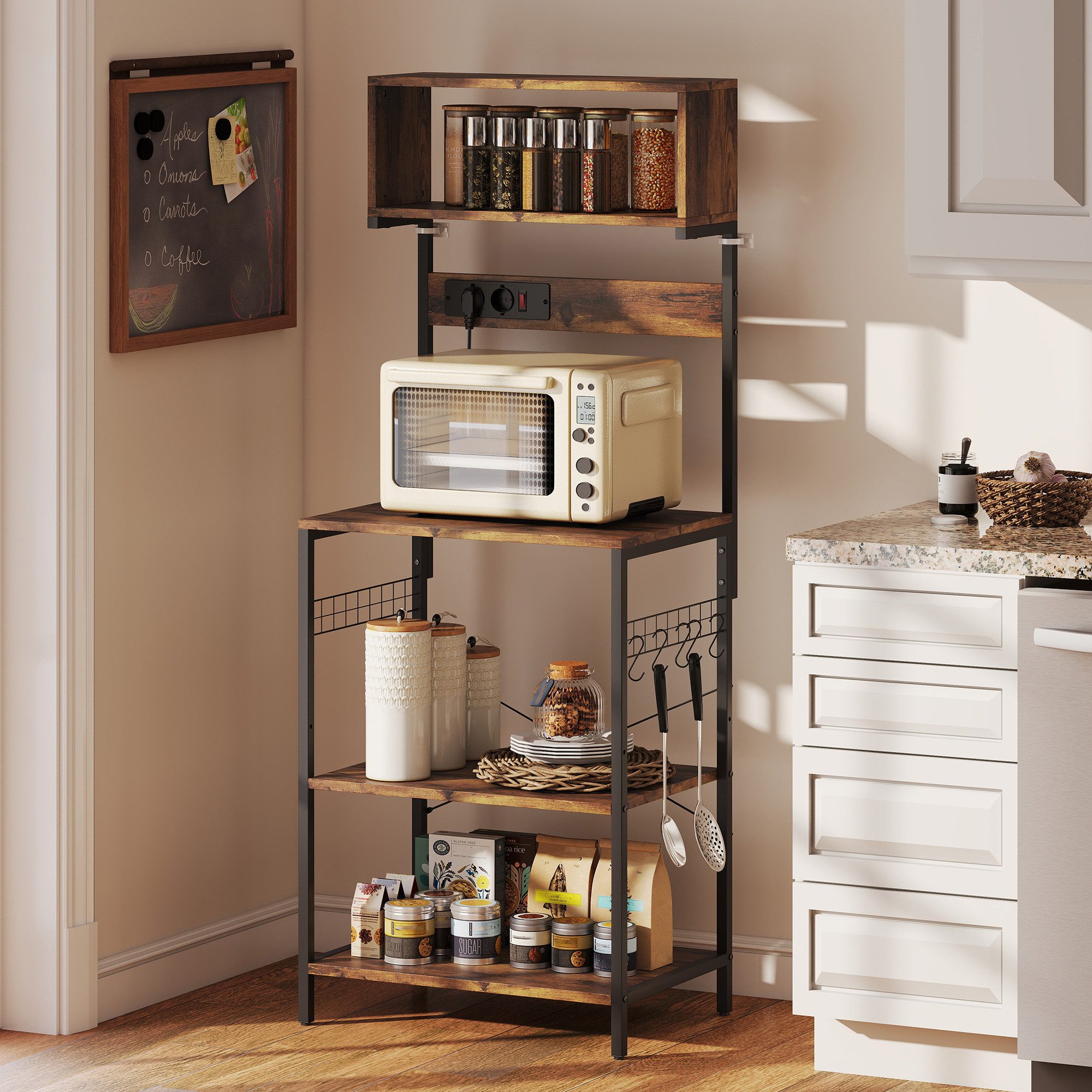 HOMCOM Küchenregal Bäckerregal Kaffeebar mit X-Streben, aus Stahl, Standregal 1-tlg., Mit Steckdosen und 5 Haken, Rustikal-Braun